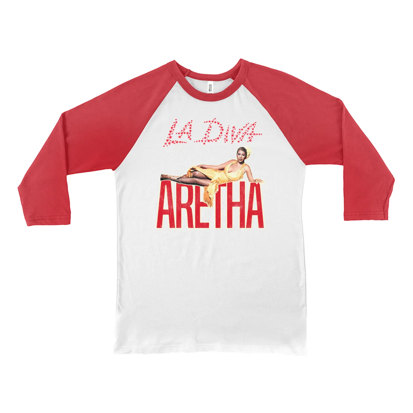 Aretha Franklin 3/4 Sleeve Baseball Tee | La Diva Album Design Distressed Aretha Franklin Shirt (Merchbar Exclusive)