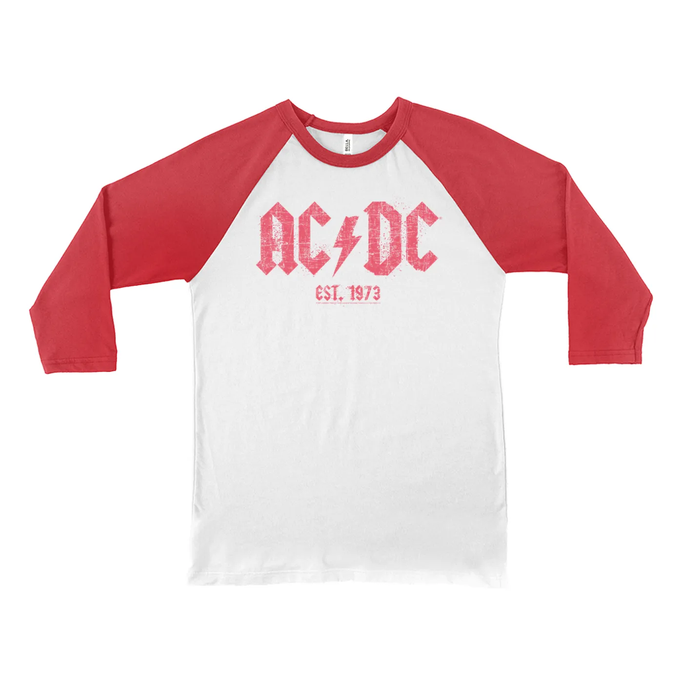 ACDC 3/4 Sleeve Baseball Tee | AC/DC Est. 1973 Red Design Distressed ACDC Shirt (Merchbar Exclusive)