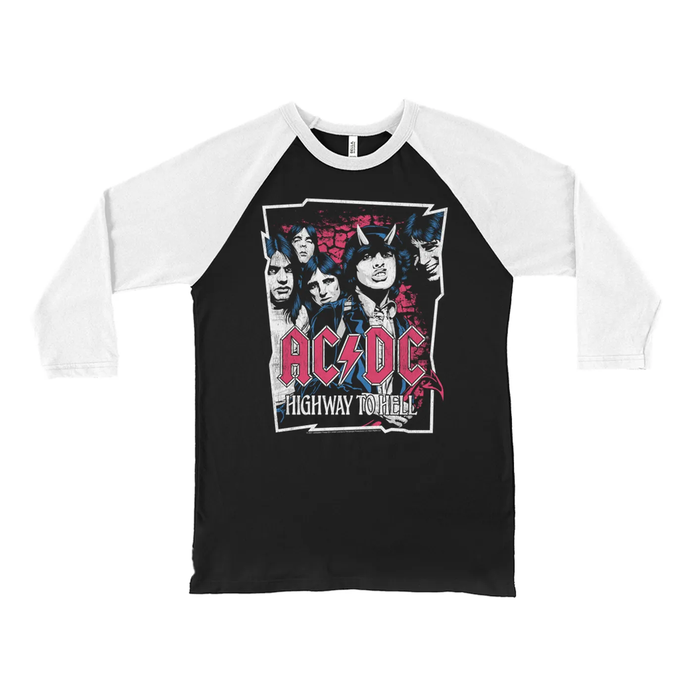 AC/DC 3/4 Sleeve Baseball Tee | Highway To Hell Pink Design Distressed ACDC Shirt (Merchbar Exclusive)