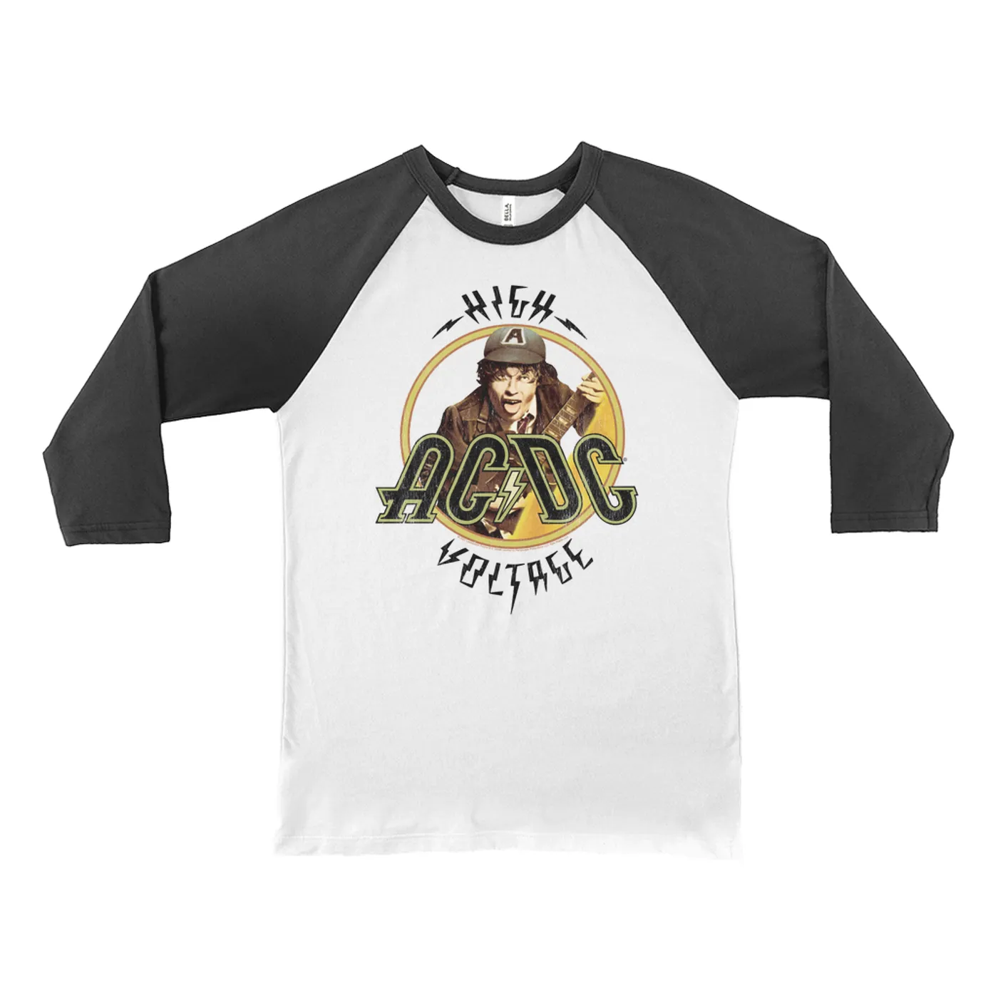 AC/DC 3/4 Sleeve Baseball Tee | High Voltage Album Design Distressed ACDC Shirt