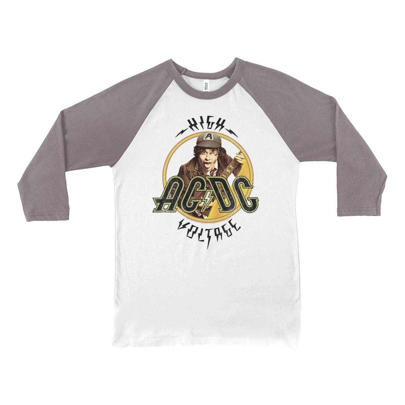 AC/DC 3/4 Sleeve Baseball Tee | High Voltage Album Design Distressed ACDC Shirt