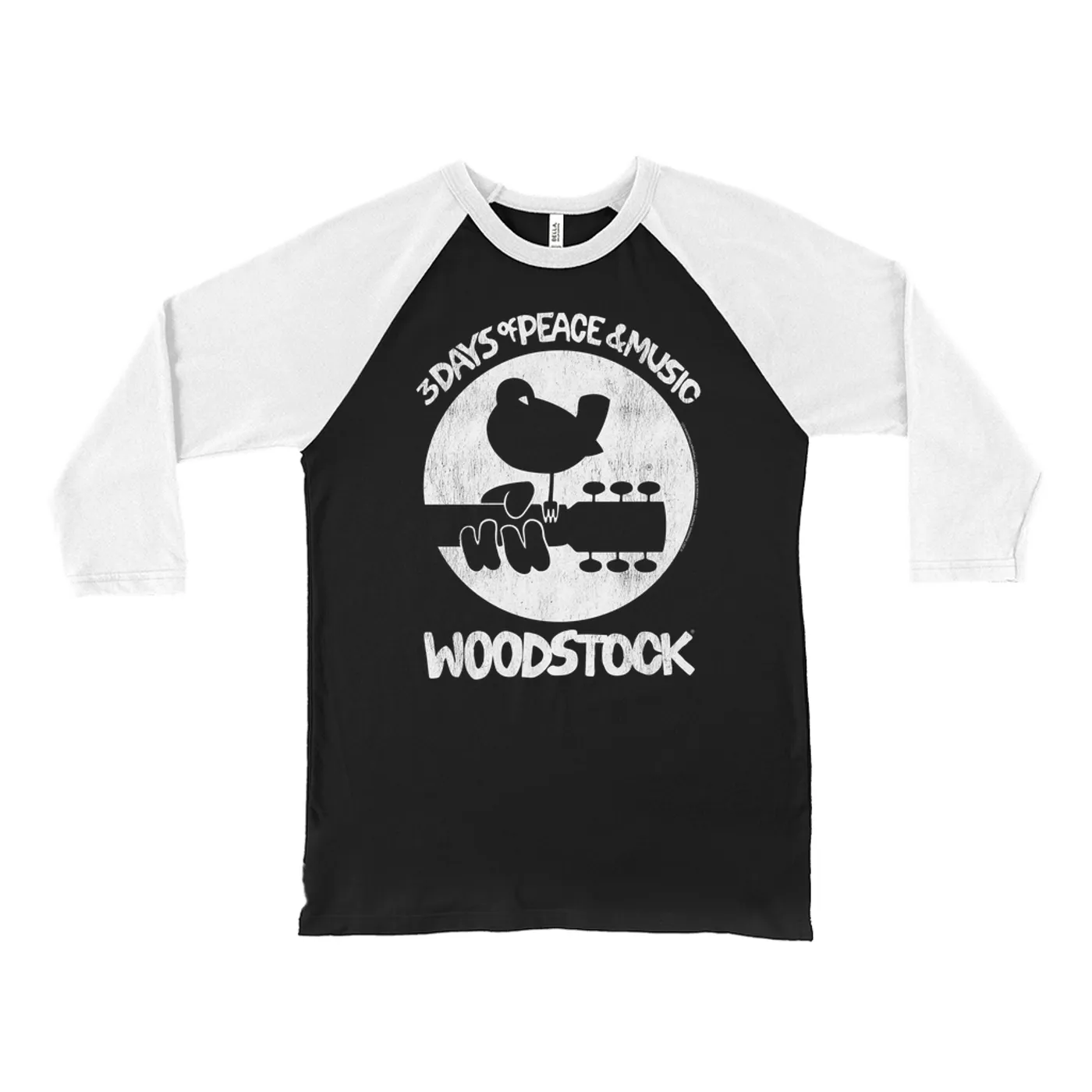 Woodstock 3/4 Sleeve Baseball Tee | Woodstock Bird And Guitar All In White Woodstock Shirt