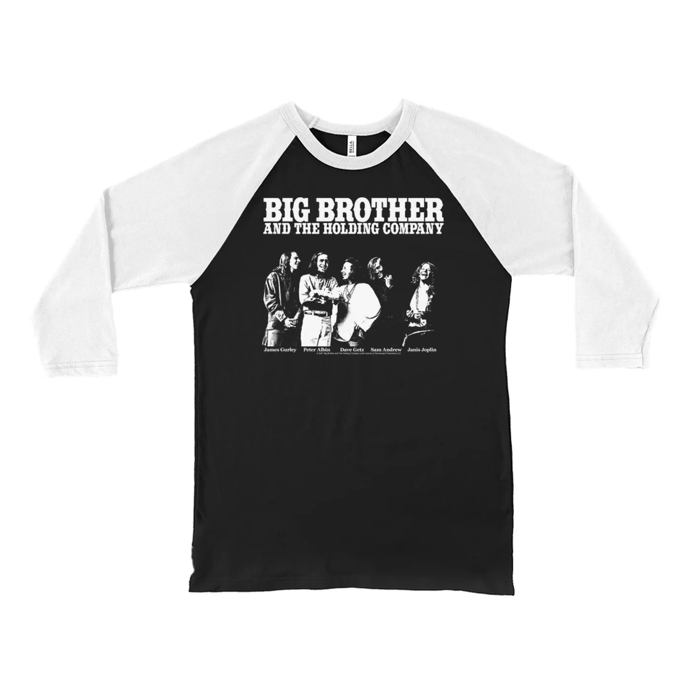 Big Brother & The Holding Company Big Brother and The Holding Co. 3/4 Sleeve Baseball Tee | Featuring Janis Joplin Black and White Photo Big Brother and The Holding Co. Shirt (Merchbar Exclusive)