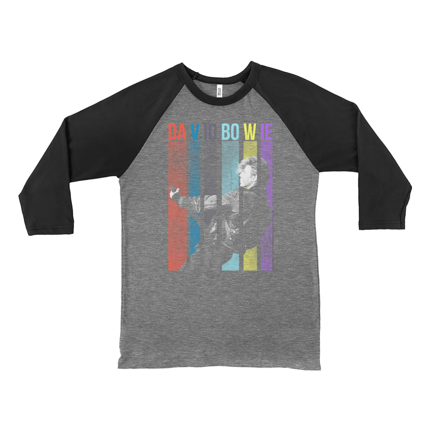 David Bowie 3/4 Sleeve Baseball Tee | Colorful Bowie With Guitar Design David Bowie Shirt (Merchbar Exclusive)
