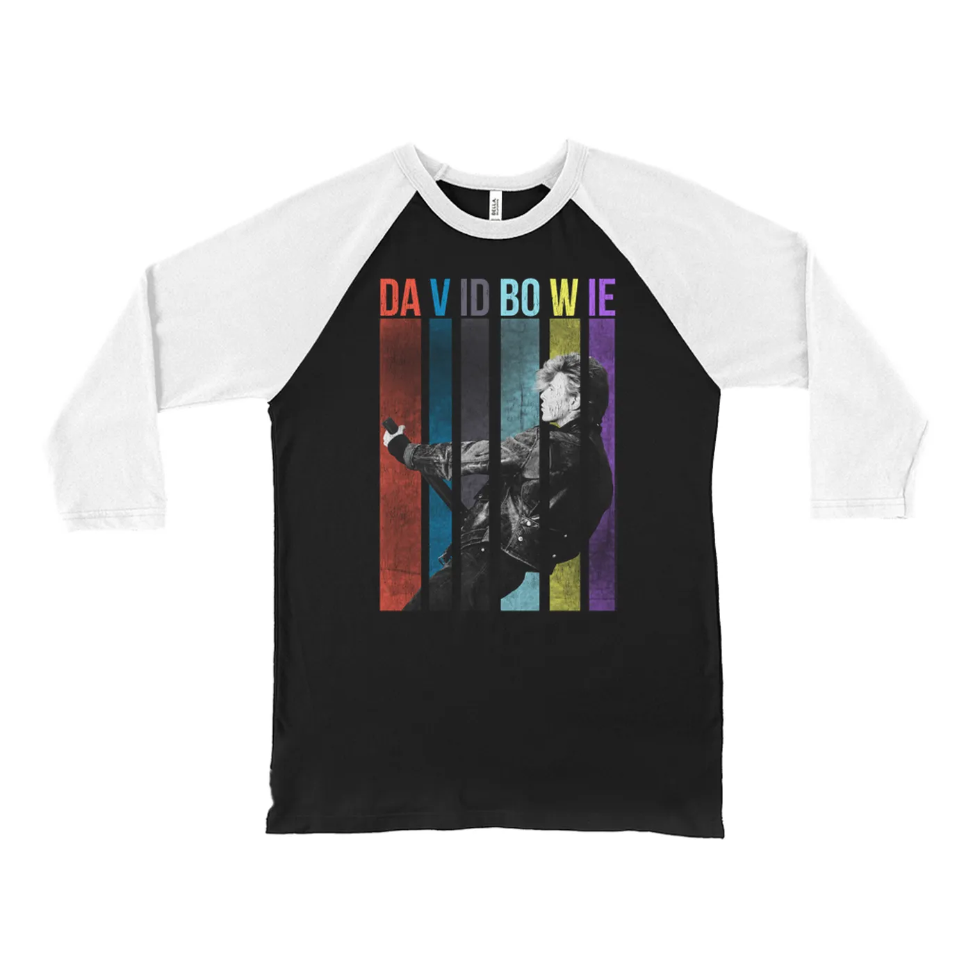 David Bowie 3/4 Sleeve Baseball Tee | Colorful Bowie With Guitar Design David Bowie Shirt (Merchbar Exclusive)