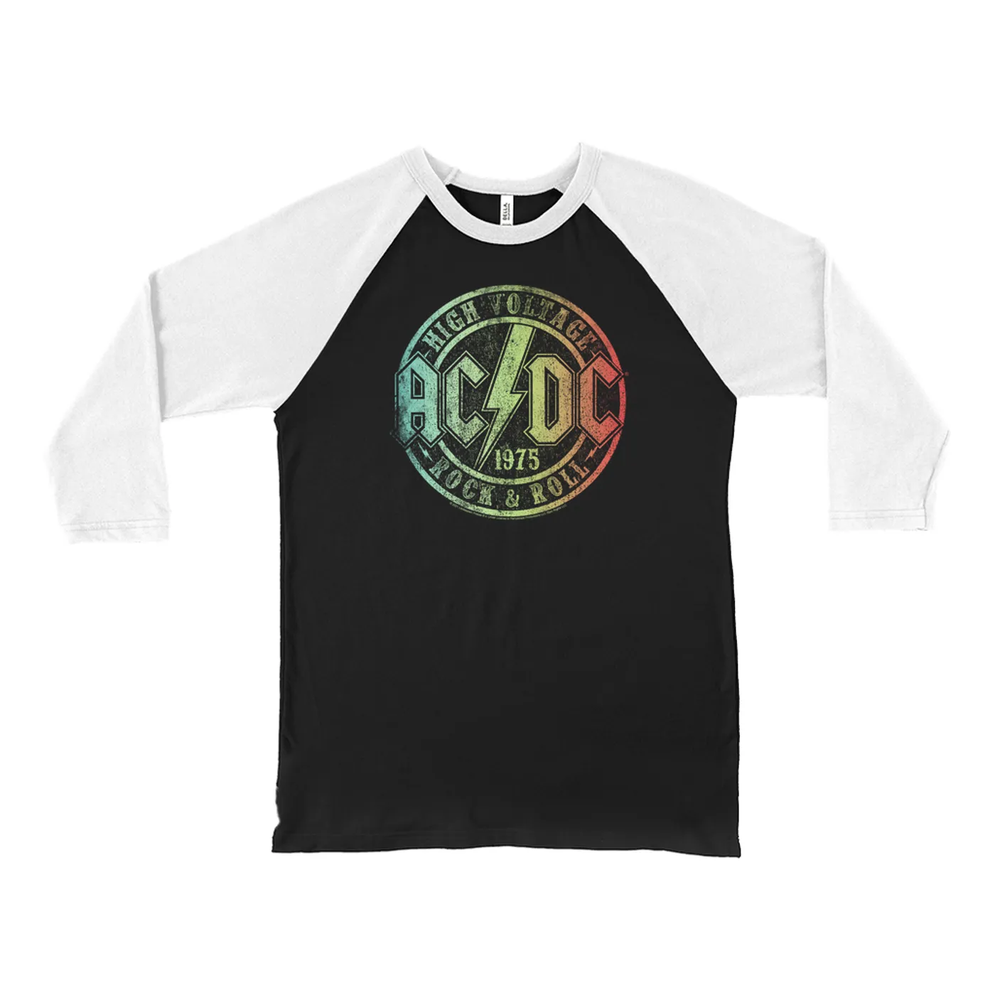 AC/DC 3/4 Sleeve Baseball Tee | Rock & Roll 1975 Rainbow Design Distressed ACDC Shirt
