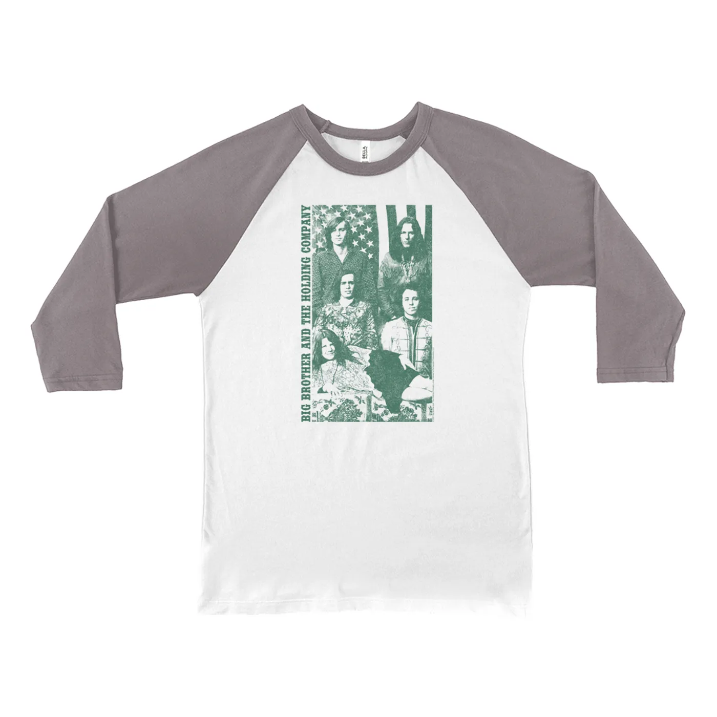 Big Brother & The Holding Company Big Brother and The Holding Co. 3/4 Sleeve Baseball Tee | Featuring Janis Joplin Group Flag Photo Big Brother and The Holding Co. Shirt (Merchbar Exclusive)