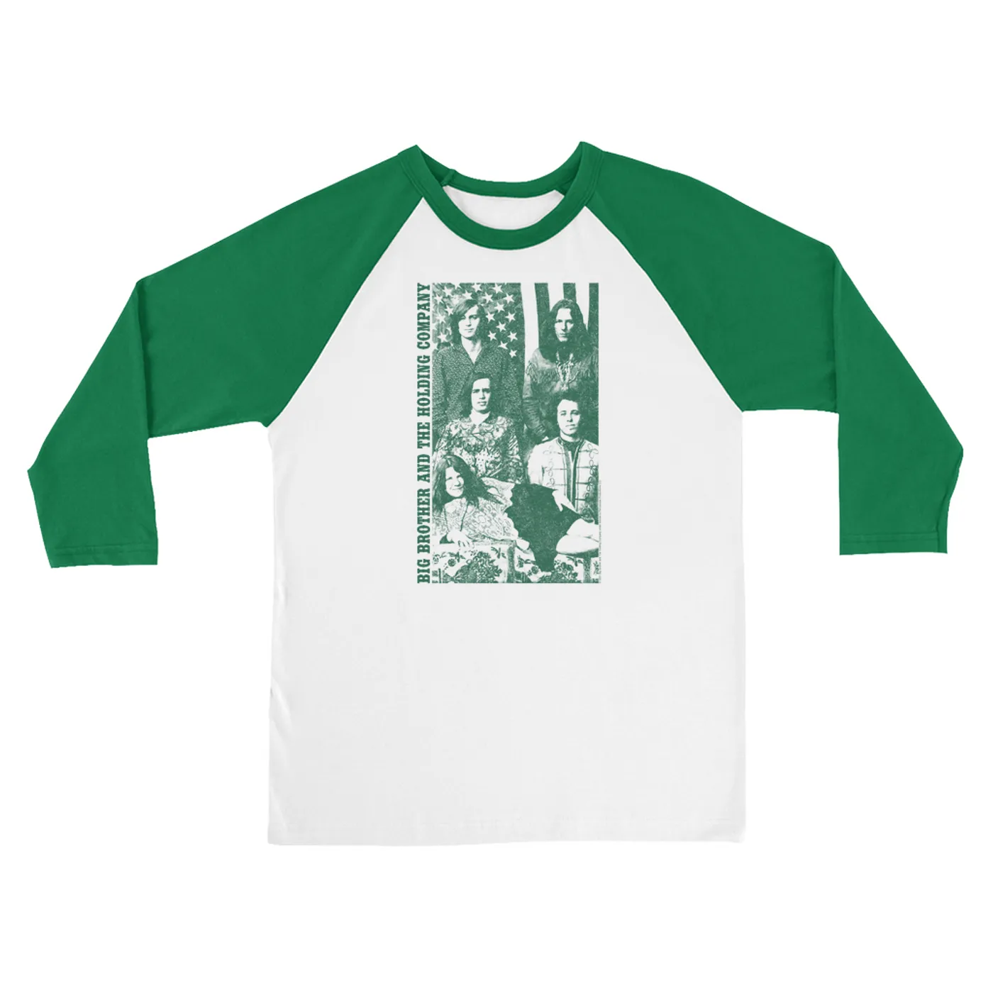 Big Brother & The Holding Company Big Brother and The Holding Co. 3/4 Sleeve Baseball Tee | Featuring Janis Joplin Group Flag Photo Big Brother and The Holding Co. Shirt (Merchbar Exclusive)