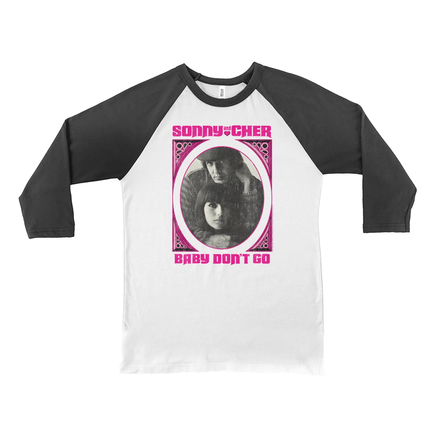 Sonny & Cher 3/4 Sleeve Baseball Tee | Baby Don't Go Pink Frame Image Distressed Sonny and Cher Shirt (Merchbar Exclusive)