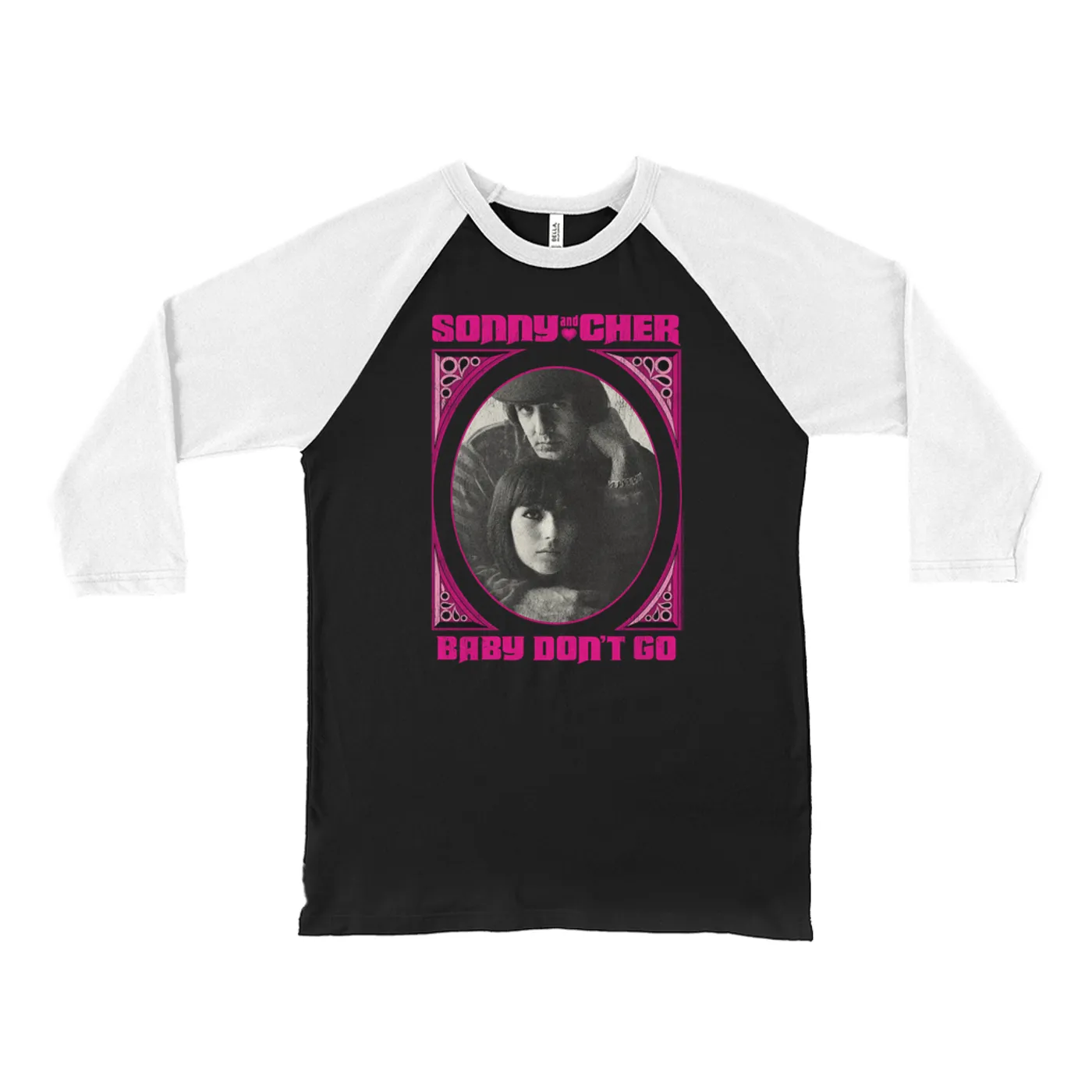 Sonny & Cher 3/4 Sleeve Baseball Tee | Baby Don't Go Pink Frame Image Distressed Sonny and Cher Shirt (Merchbar Exclusive)