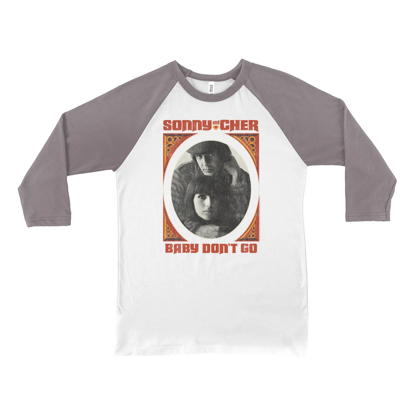 Sonny & Cher 3/4 Sleeve Baseball Tee | Baby Don't Go Rust Frame Image Distressed Sonny and Cher Shirt (Merchbar Exclusive)