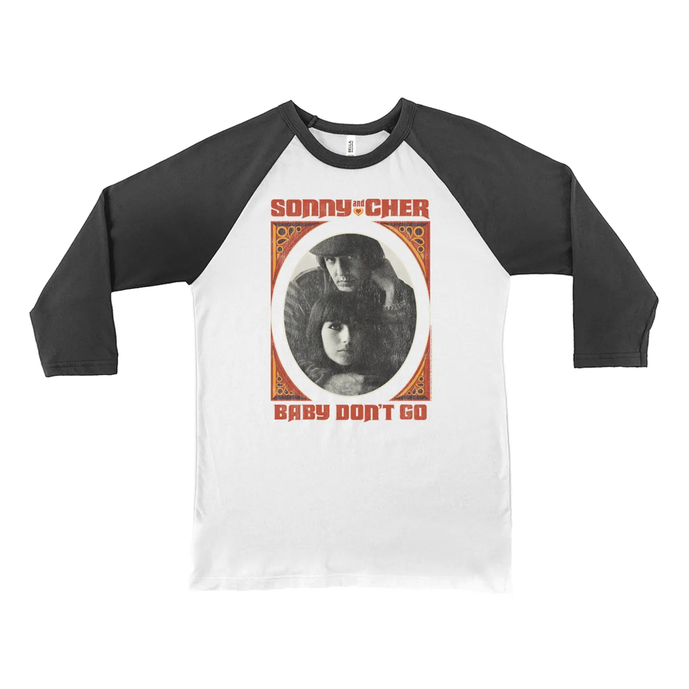 Sonny & Cher 3/4 Sleeve Baseball Tee | Baby Don't Go Rust Frame Image Distressed Sonny and Cher Shirt (Merchbar Exclusive)