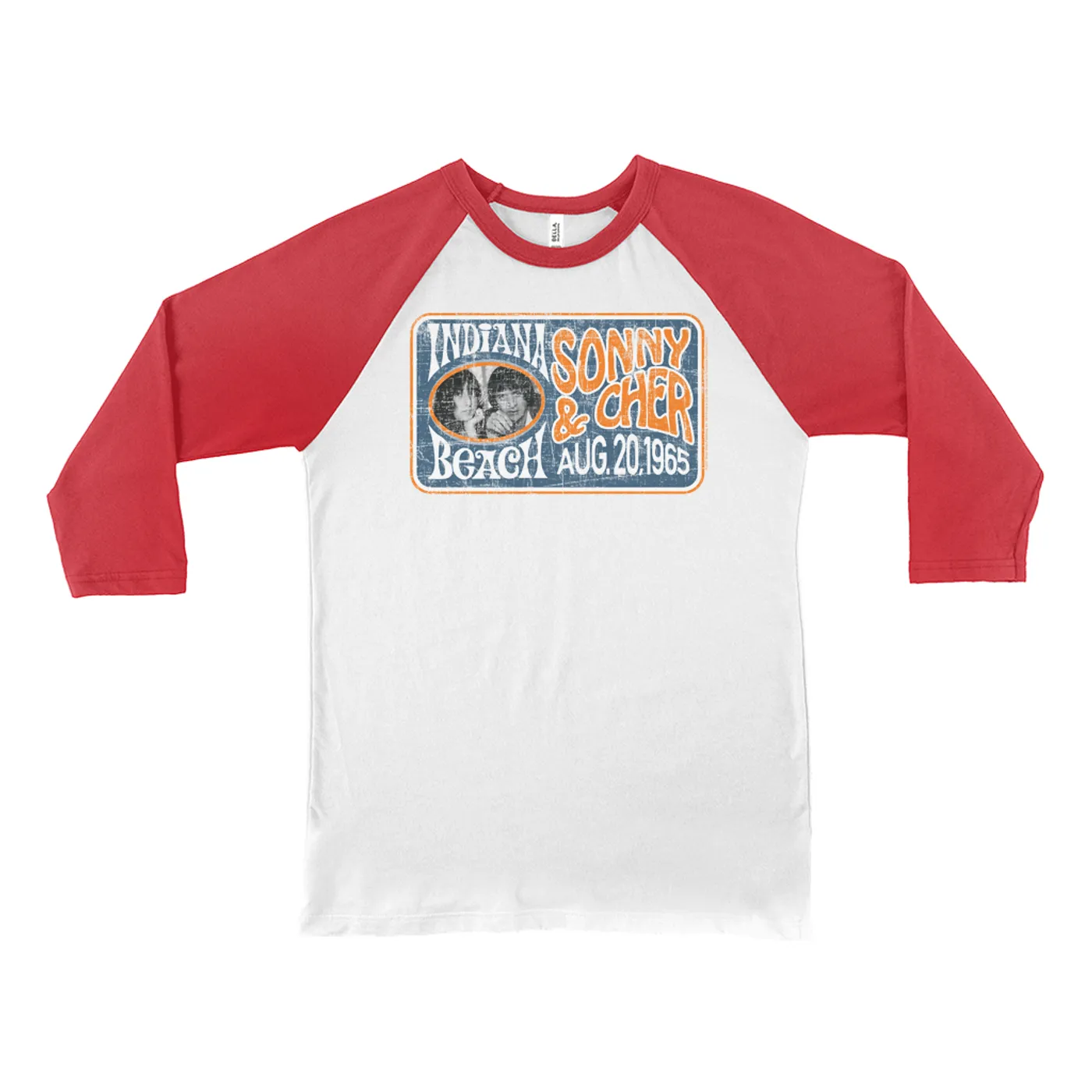 Sonny & Cher 3/4 Sleeve Baseball Tee | Indiana Beach Horizontal Concert Banner Distressed Sonny and Cher Shirt