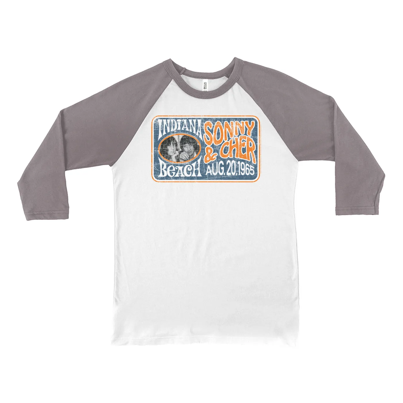 Sonny & Cher 3/4 Sleeve Baseball Tee | Indiana Beach Horizontal Concert Banner Distressed Sonny and Cher Shirt