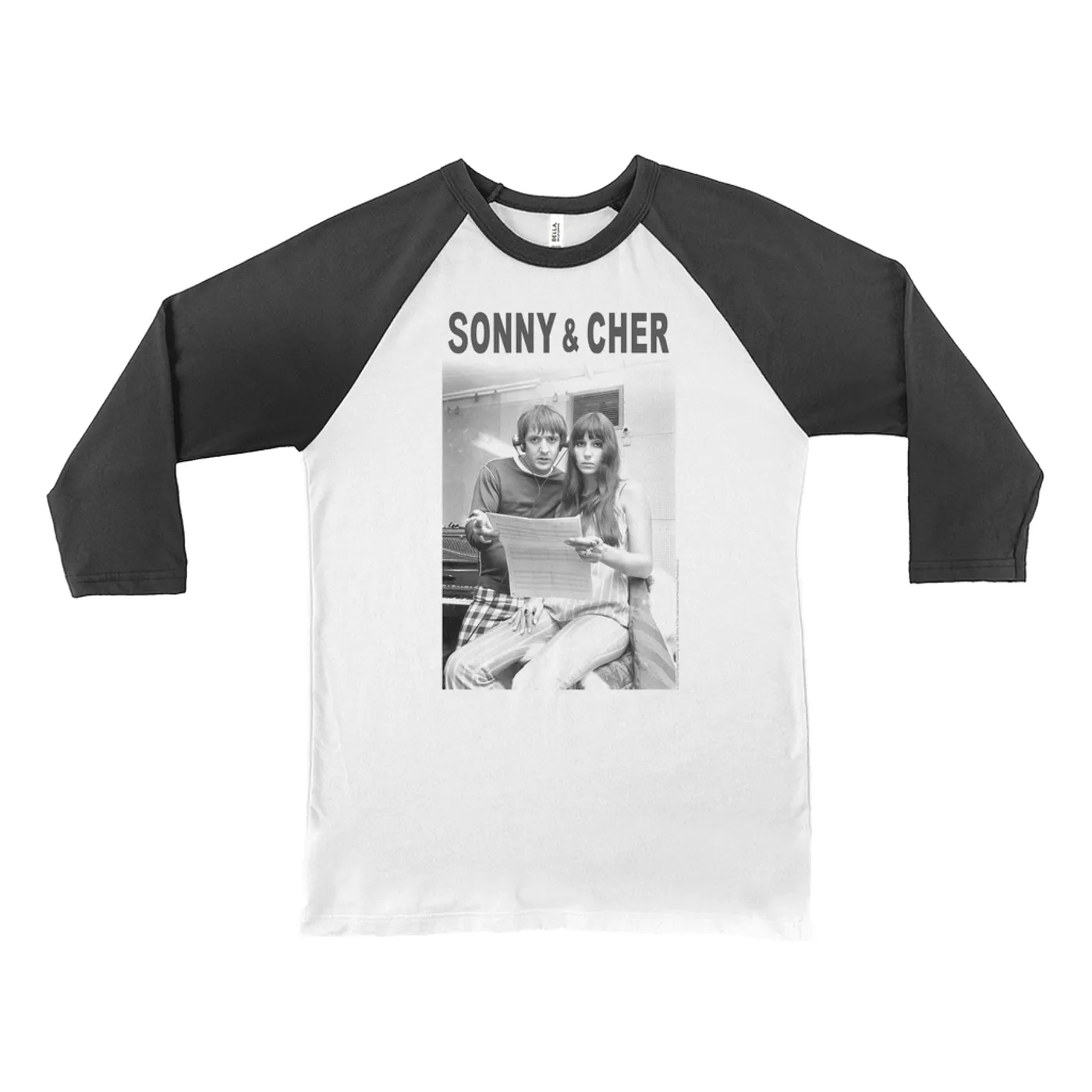 Sonny & Cher 3/4 Sleeve Baseball Tee | 1966 Recording Studio Photo And Logo Sonny and Cher Shirt