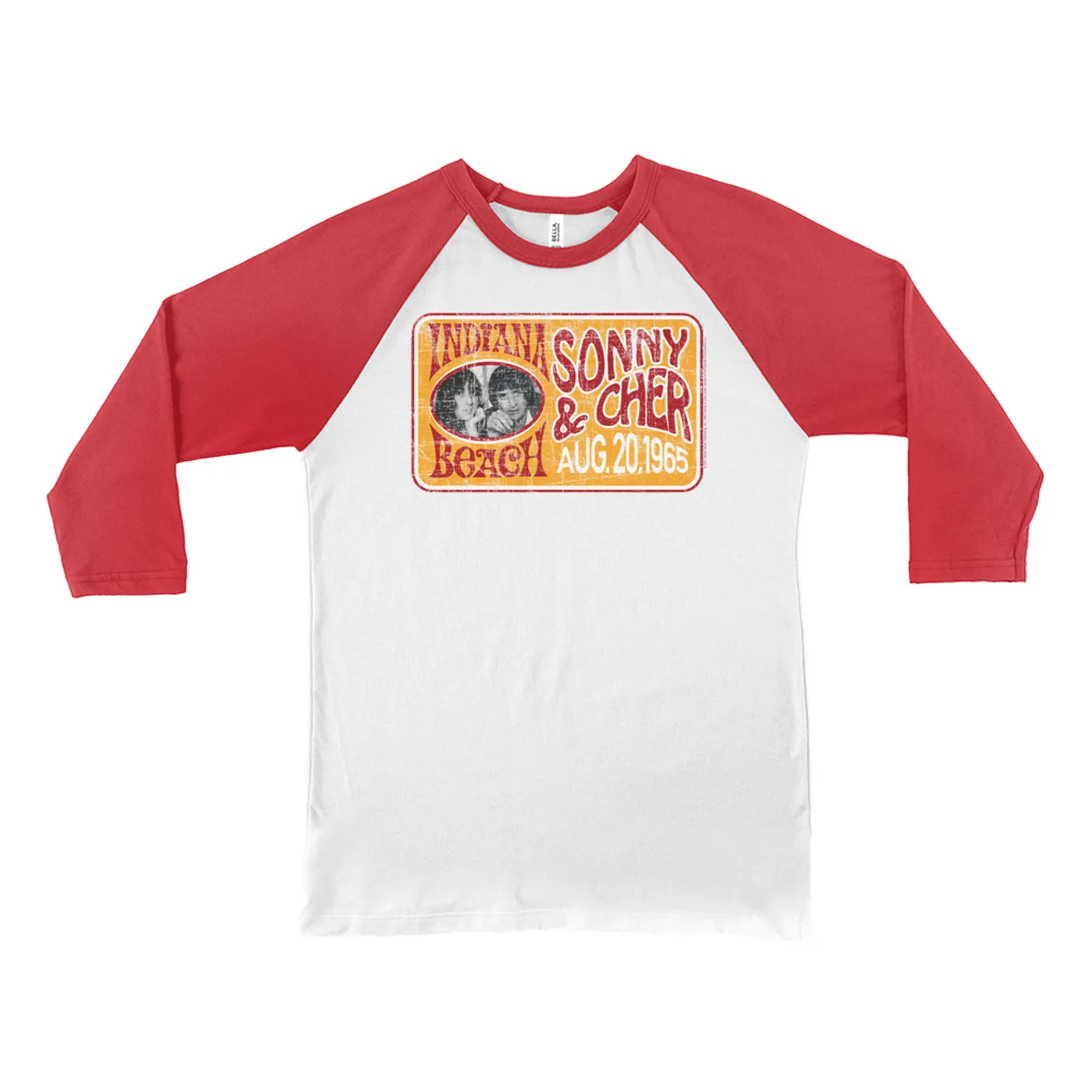 Sonny & Cher 3/4 Sleeve Baseball Tee | Indiana Beach Red And Gold Concert Banner Distressed Sonny and Cher Shirt
