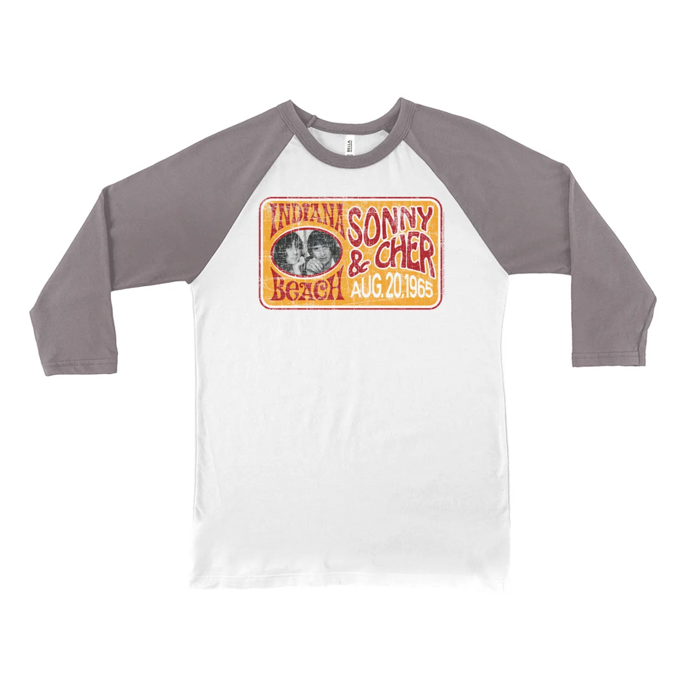 Sonny & Cher 3/4 Sleeve Baseball Tee | Indiana Beach Red And Gold Concert Banner Distressed Sonny and Cher Shirt