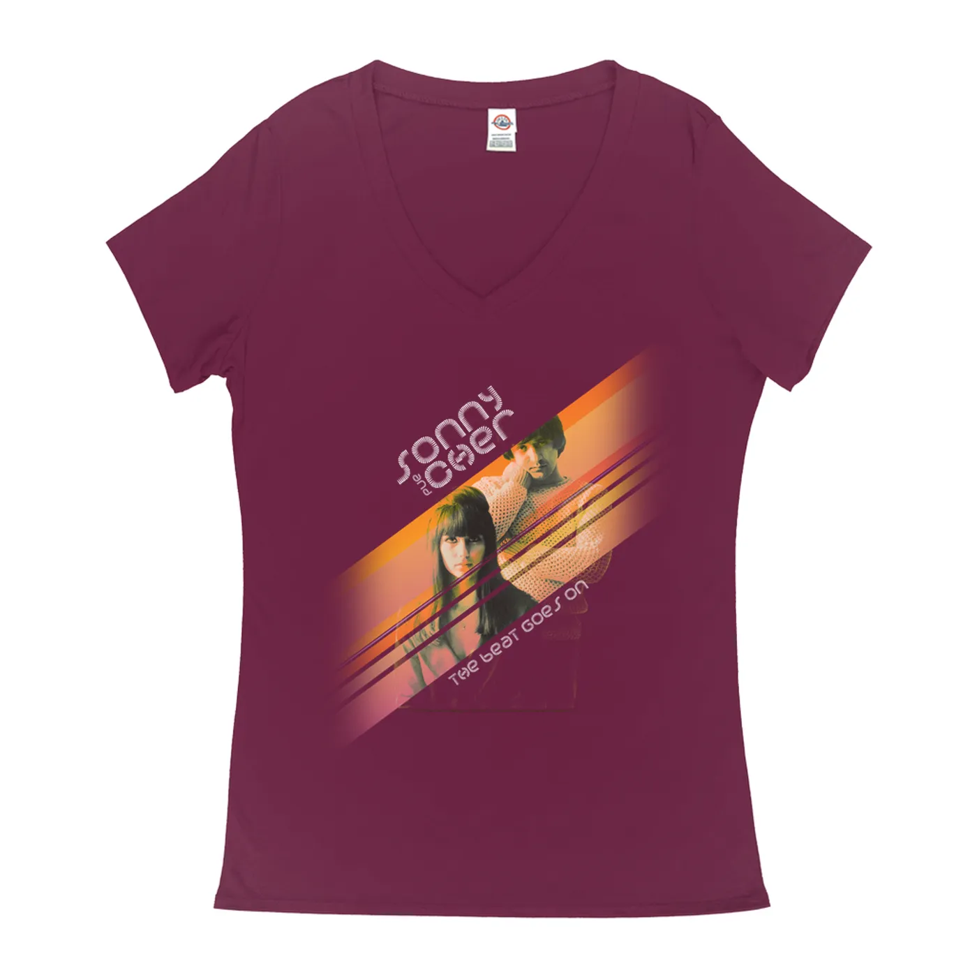 Sonny & Cher Ladies' V-neck T-Shirt | The Beat Goes On Orange Stripes Sonny and Cher Shirt