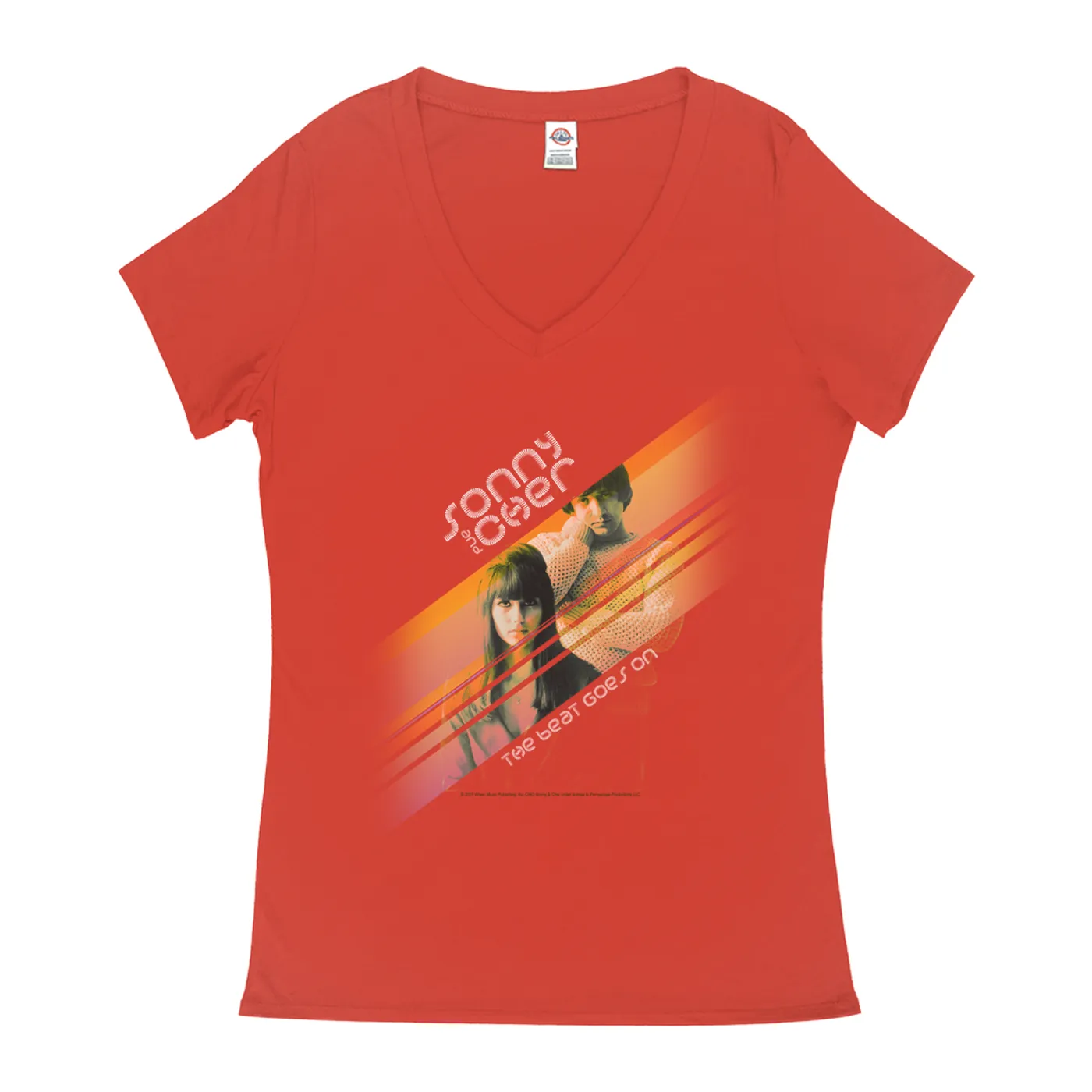 Sonny & Cher Ladies' V-neck T-Shirt | The Beat Goes On Orange Stripes Sonny and Cher Shirt
