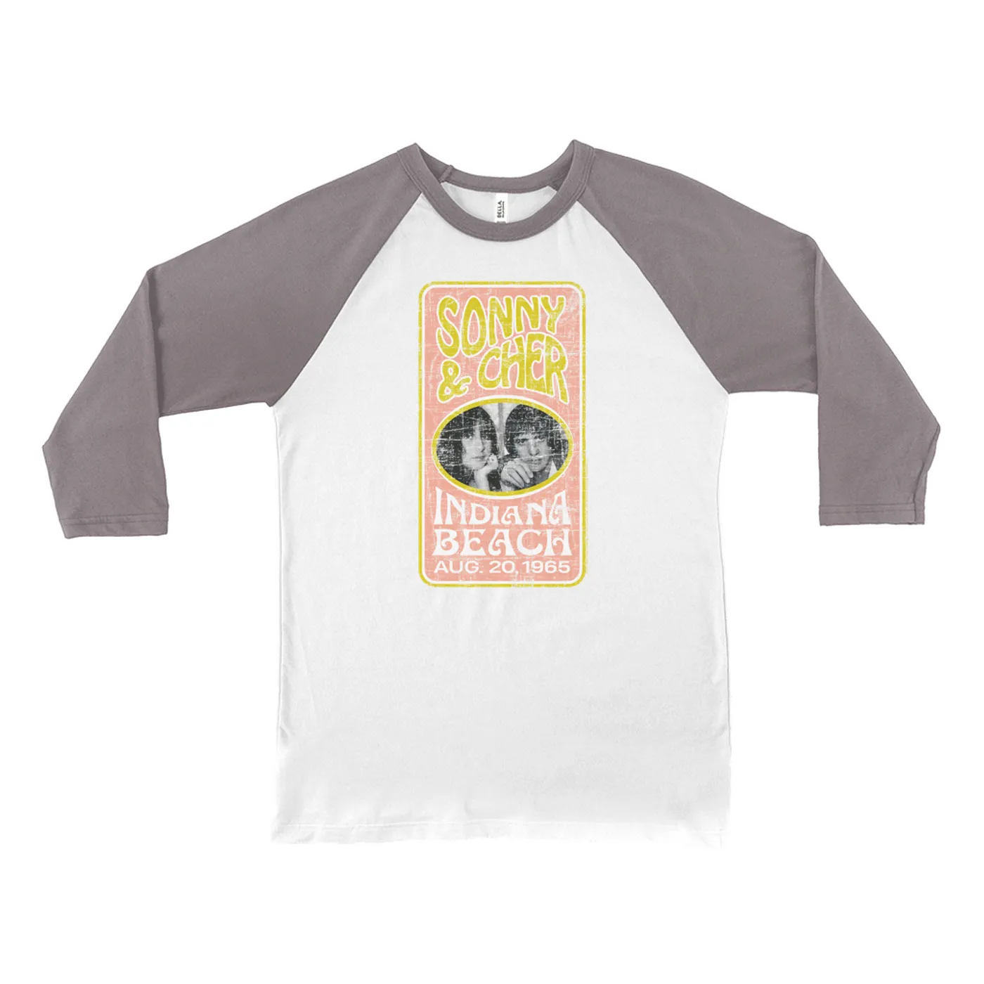 Sonny & Cher 3/4 Sleeve Baseball Tee | Indiana Beach Peach And Avocado Concert Banner Distressed Sonny and Cher Shirt (Merchbar Exclusive)