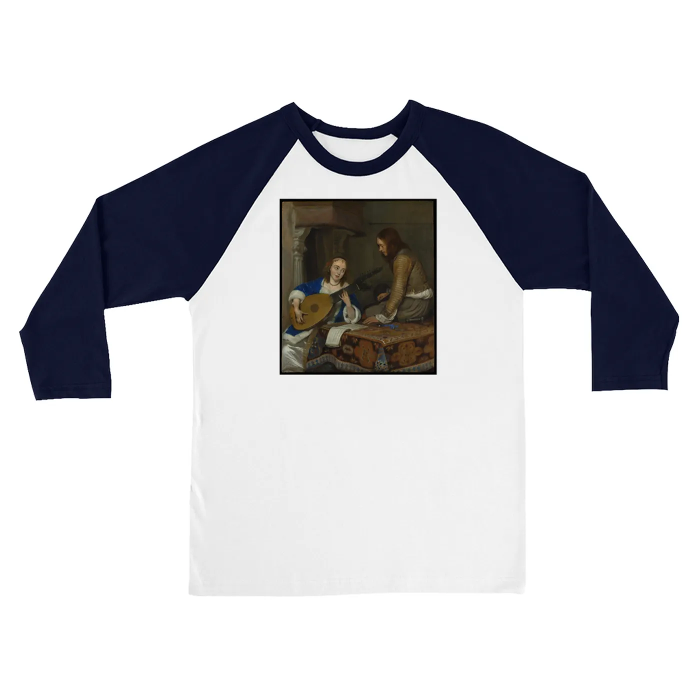 Merchbar Museum Series 3/4 Sleeve Baseball Tee | A Woman Playing the Theorbo-Lute and a Cavalier Merchbar Museum Series Shirt