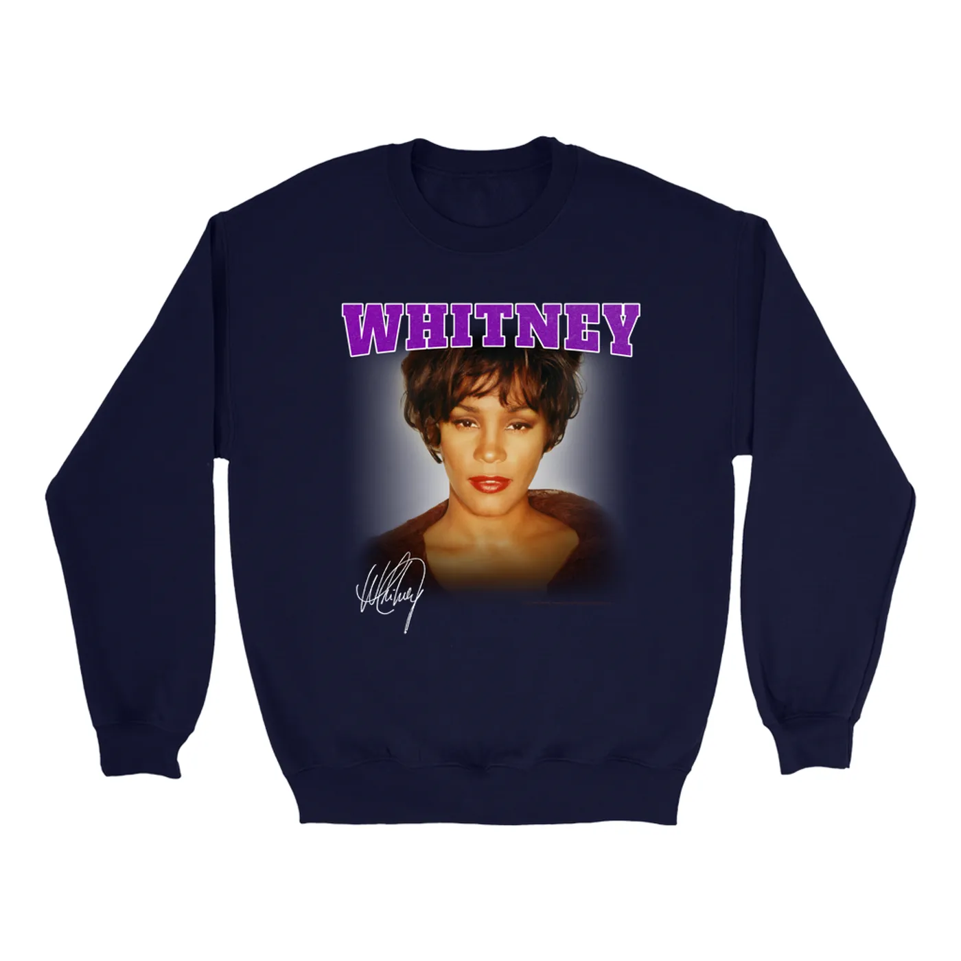 Whitney Houston Sweatshirt | Whitney Close Up And Varsity Purple Logo Whitney Houston Sweatshirt