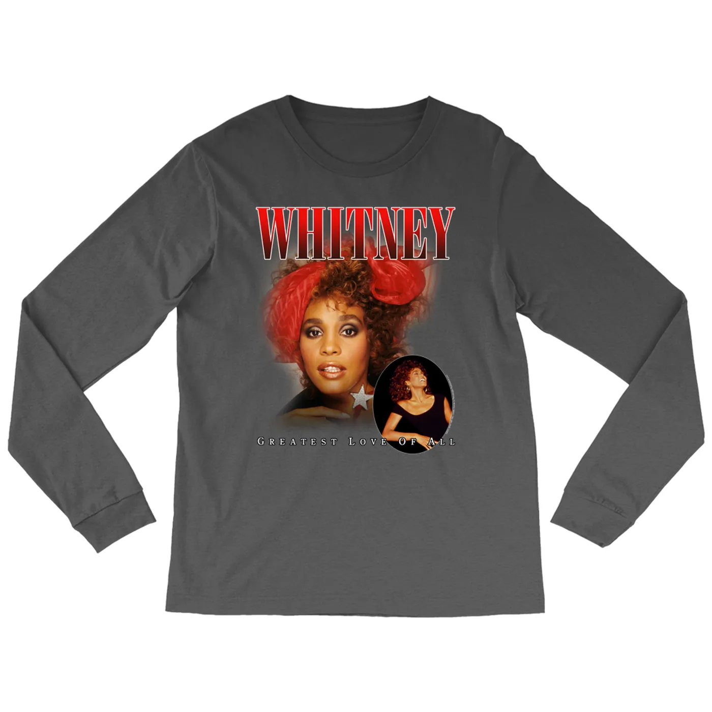 Whitney Houston Long Sleeve Shirt | Greatest Love Of All Red Photo Collage Design Whitney Houston Shirt