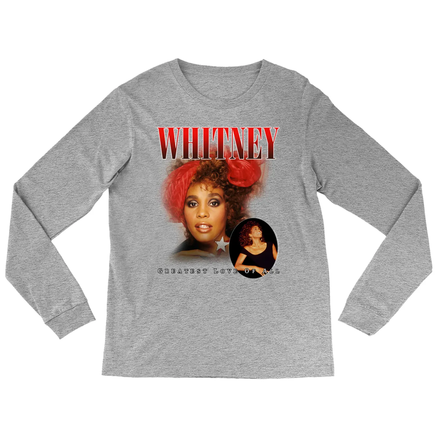 Whitney Houston Long Sleeve Shirt | Greatest Love Of All Red Photo Collage Design Whitney Houston Shirt