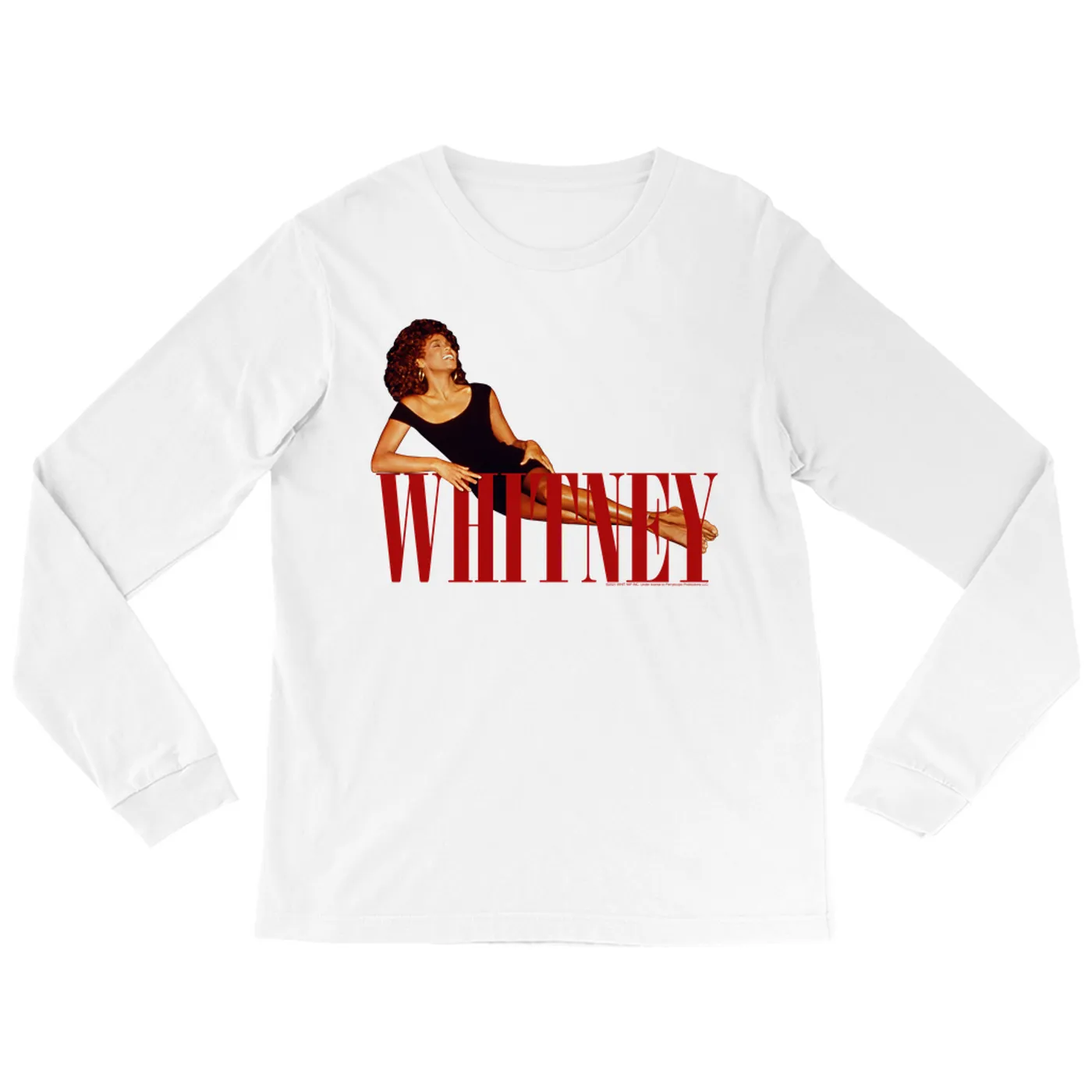 Whitney Houston Long Sleeve Shirt | Whitney Laying On Logo Red Whitney Houston Shirt