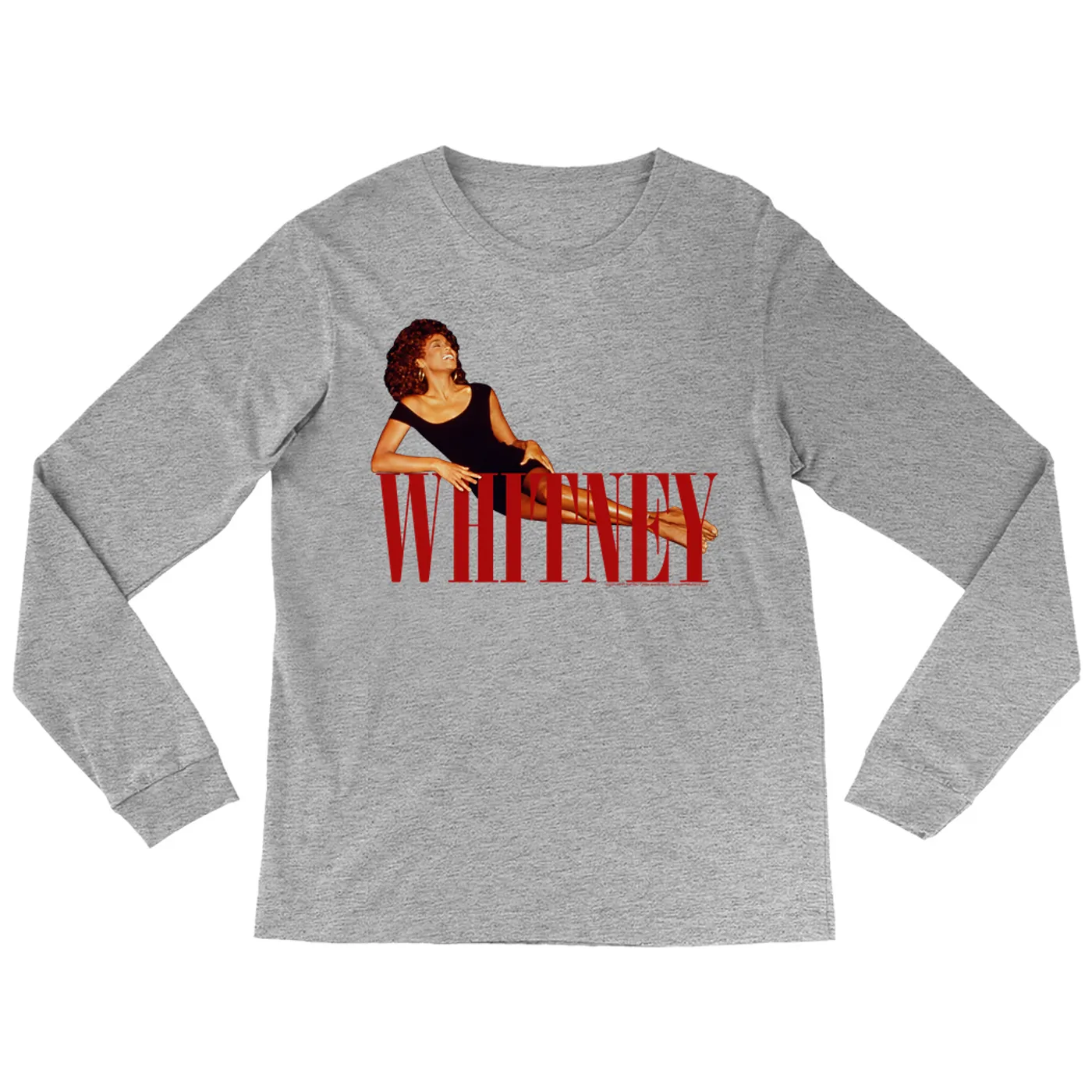 Whitney Houston Long Sleeve Shirt | Whitney Laying On Logo Red Whitney Houston Shirt