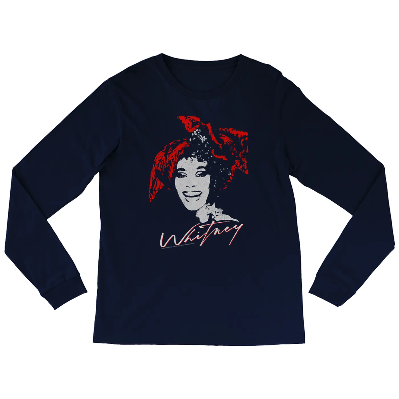 Whitney Houston Long Sleeve Shirt | 1987 Red Scarf Photo Design With Logo Distressed Whitney Houston Shirt (Merchbar Exclusive)