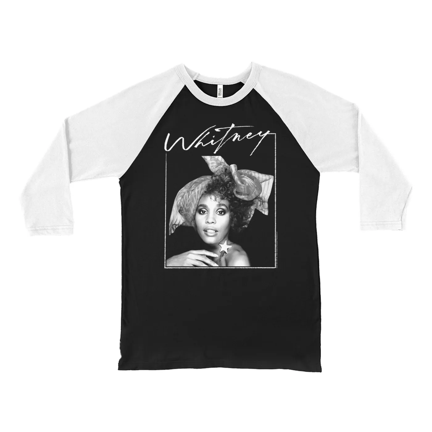 Whitney Houston 3/4 Sleeve Baseball Tee | 1987 Whitney Signature And White Photo Image Whitney Houston Shirt (Merchbar Exclusive)