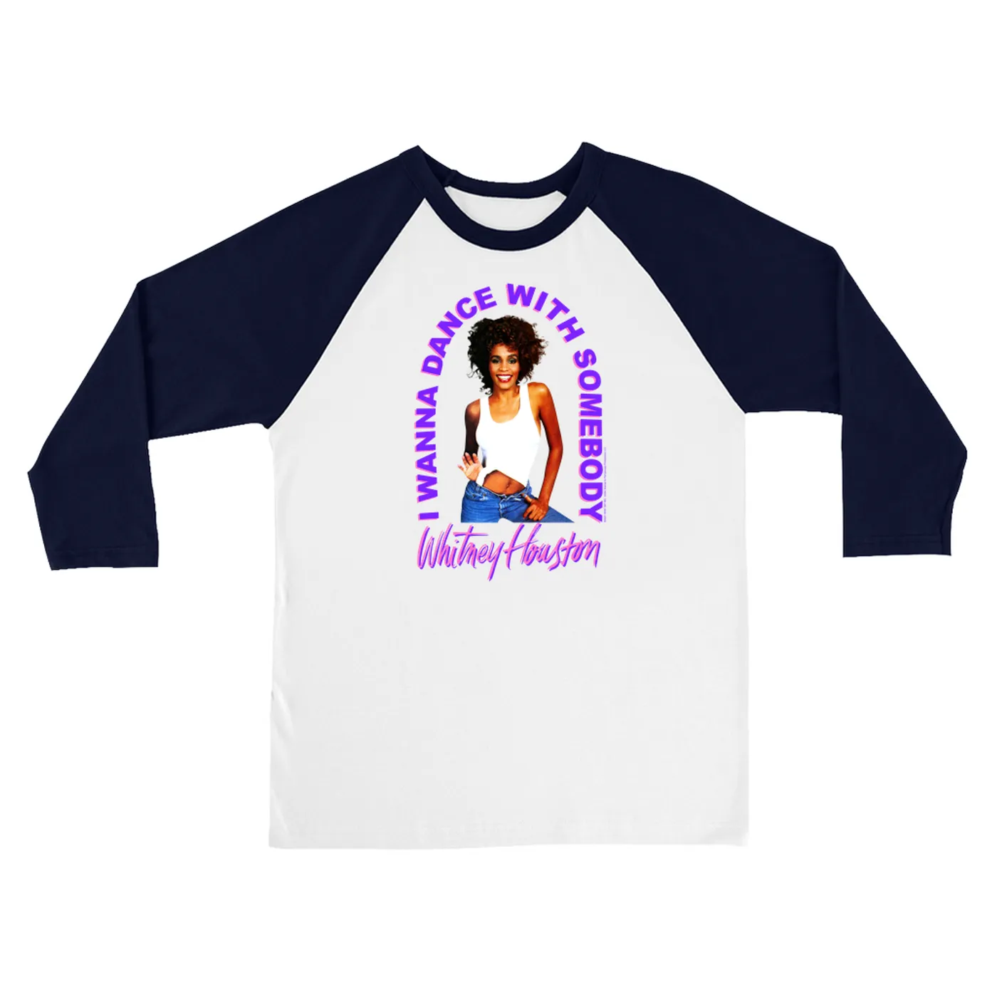 Whitney Houston 3/4 Sleeve Baseball Tee | I Wanna Dance With Somebody Neon Purple Image Whitney Houston Shirt