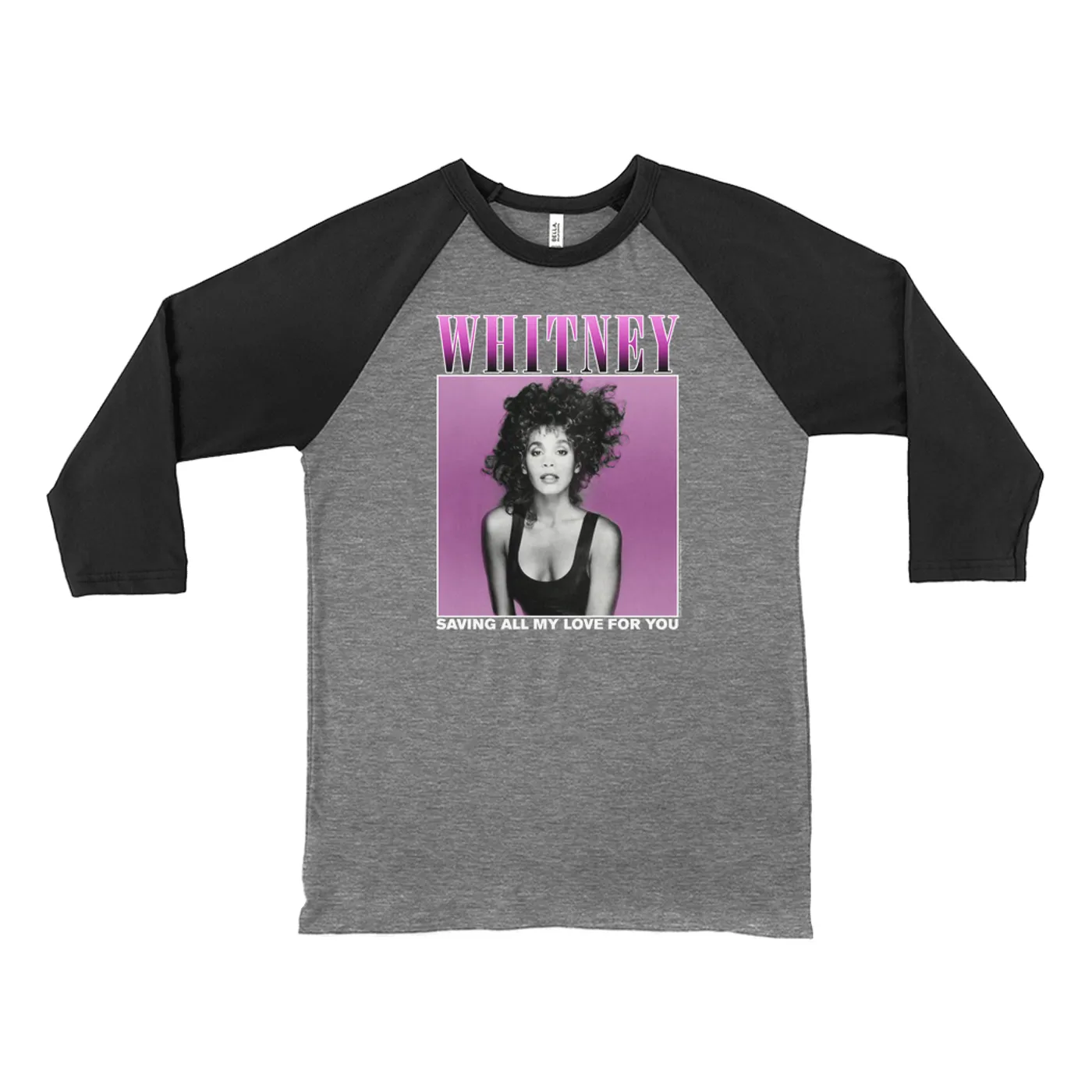 Whitney Houston 3/4 Sleeve Baseball Tee | Saving All My Love For You Ombre Purple Design Whitney Houston Shirt