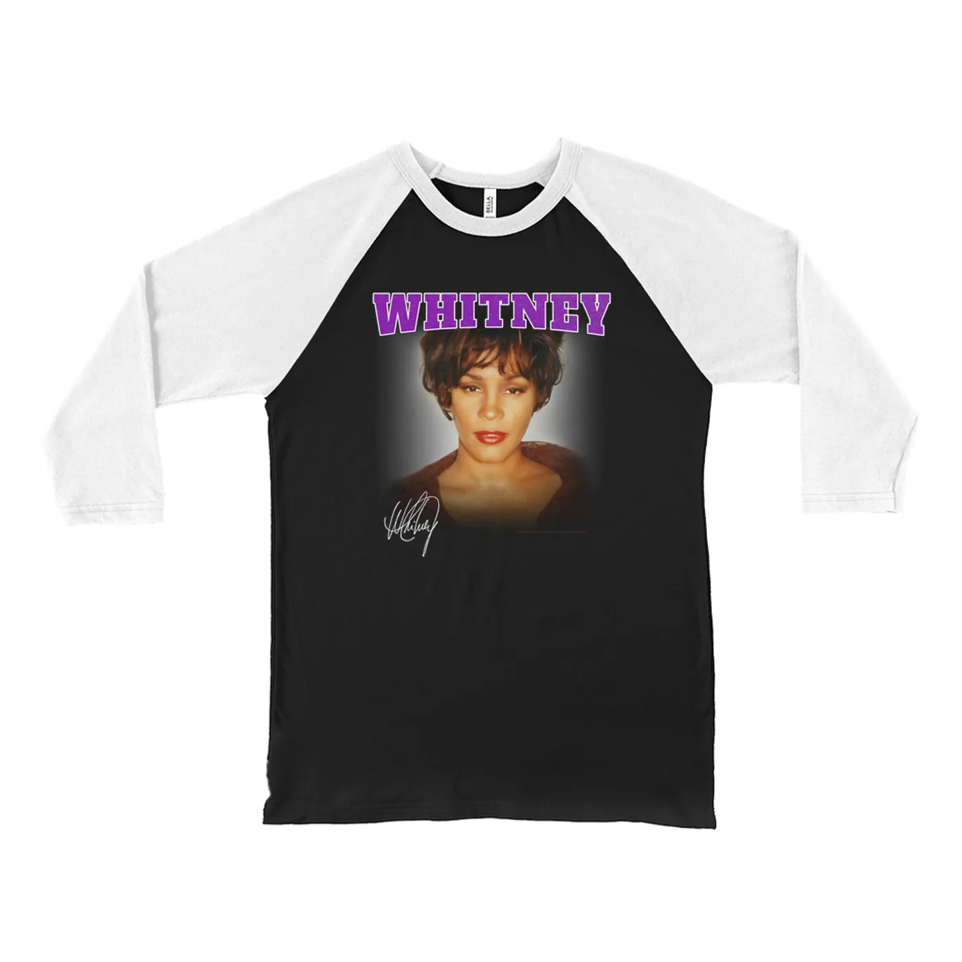 Whitney Houston 3/4 Sleeve Baseball Tee | Whitney Close Up And Varsity Purple Logo Whitney Houston Shirt