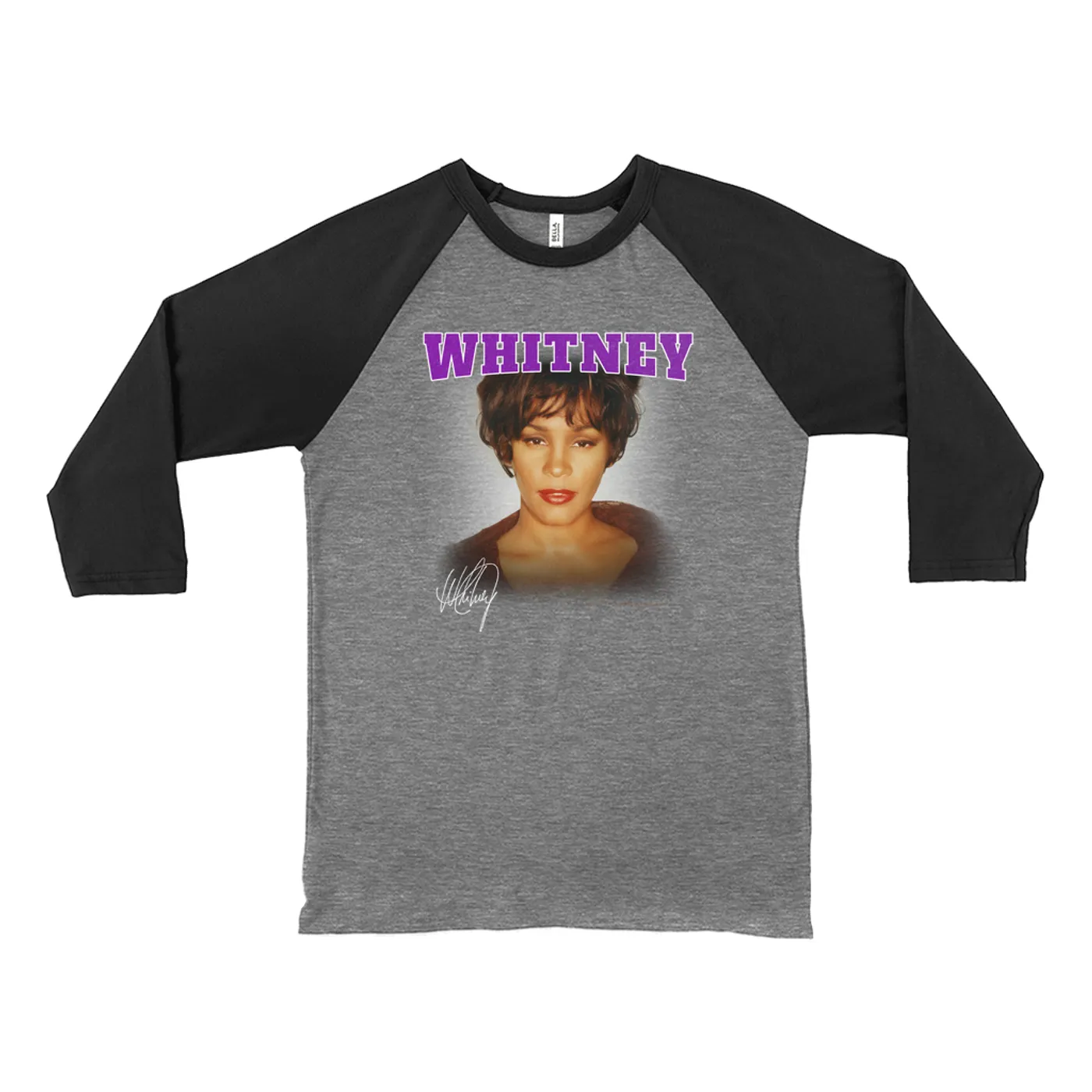 Whitney Houston 3/4 Sleeve Baseball Tee | Whitney Close Up And Varsity Purple Logo Whitney Houston Shirt