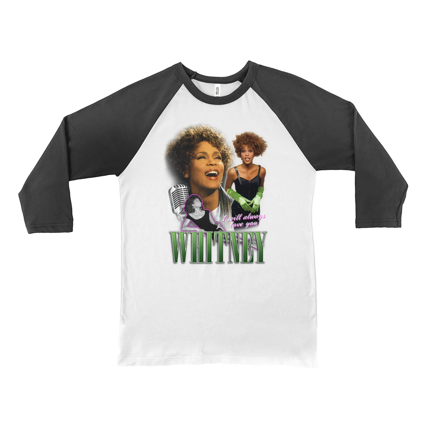 Whitney Houston 3/4 Sleeve Baseball Tee | I Will Always Love You Green Photo Collage Design Whitney Houston Shirt