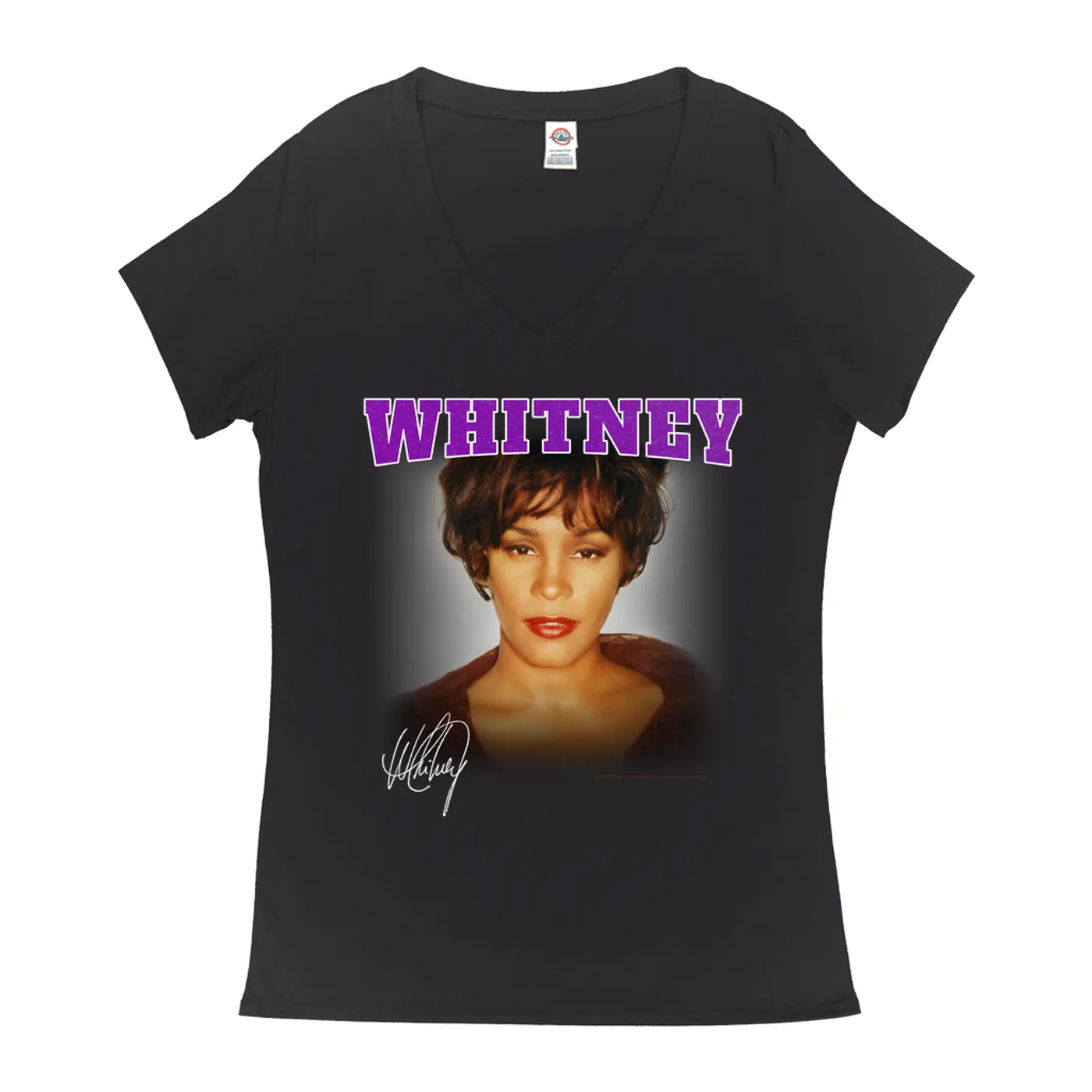 Whitney Houston Ladies' V-neck T-Shirt | Whitney Close Up And Varsity Purple Logo Whitney Houston Shirt