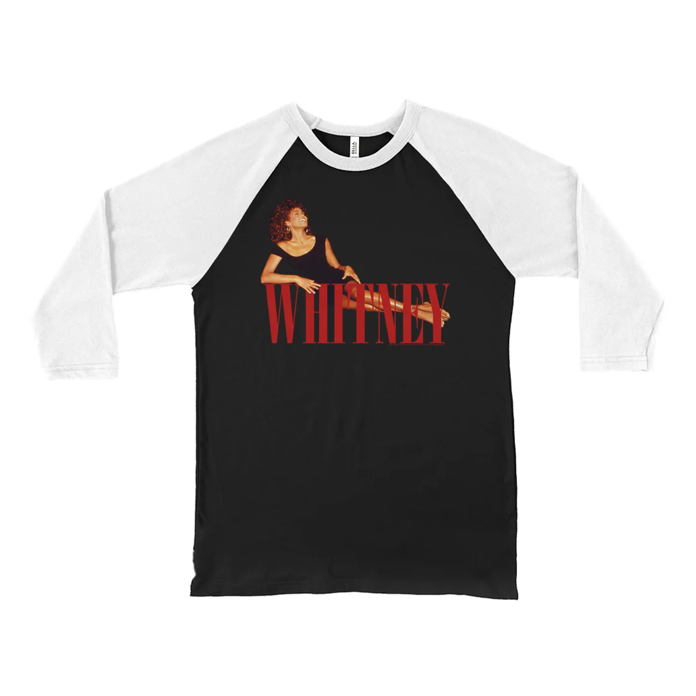 Whitney Houston 3/4 Sleeve Baseball Tee | Whitney Laying On Logo Red Whitney Houston Shirt