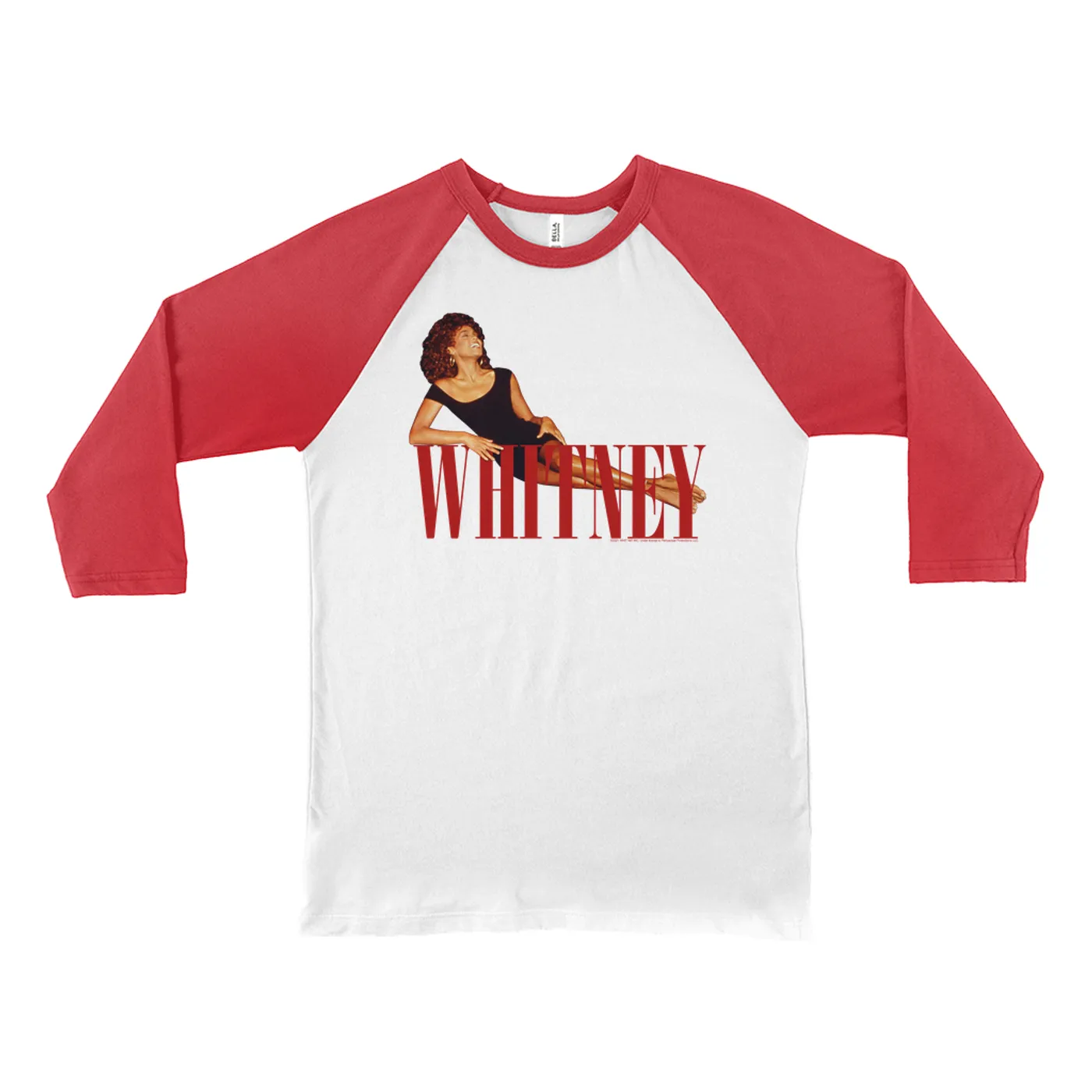 Whitney Houston 3/4 Sleeve Baseball Tee | Whitney Laying On Logo Red Whitney Houston Shirt