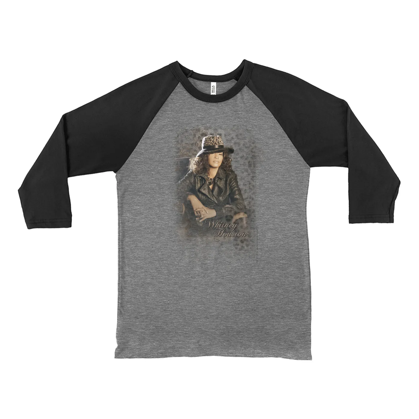 Whitney Houston 3/4 Sleeve Baseball Tee | Whitney Leopard Hat Photo Design Distressed Whitney Houston Shirt