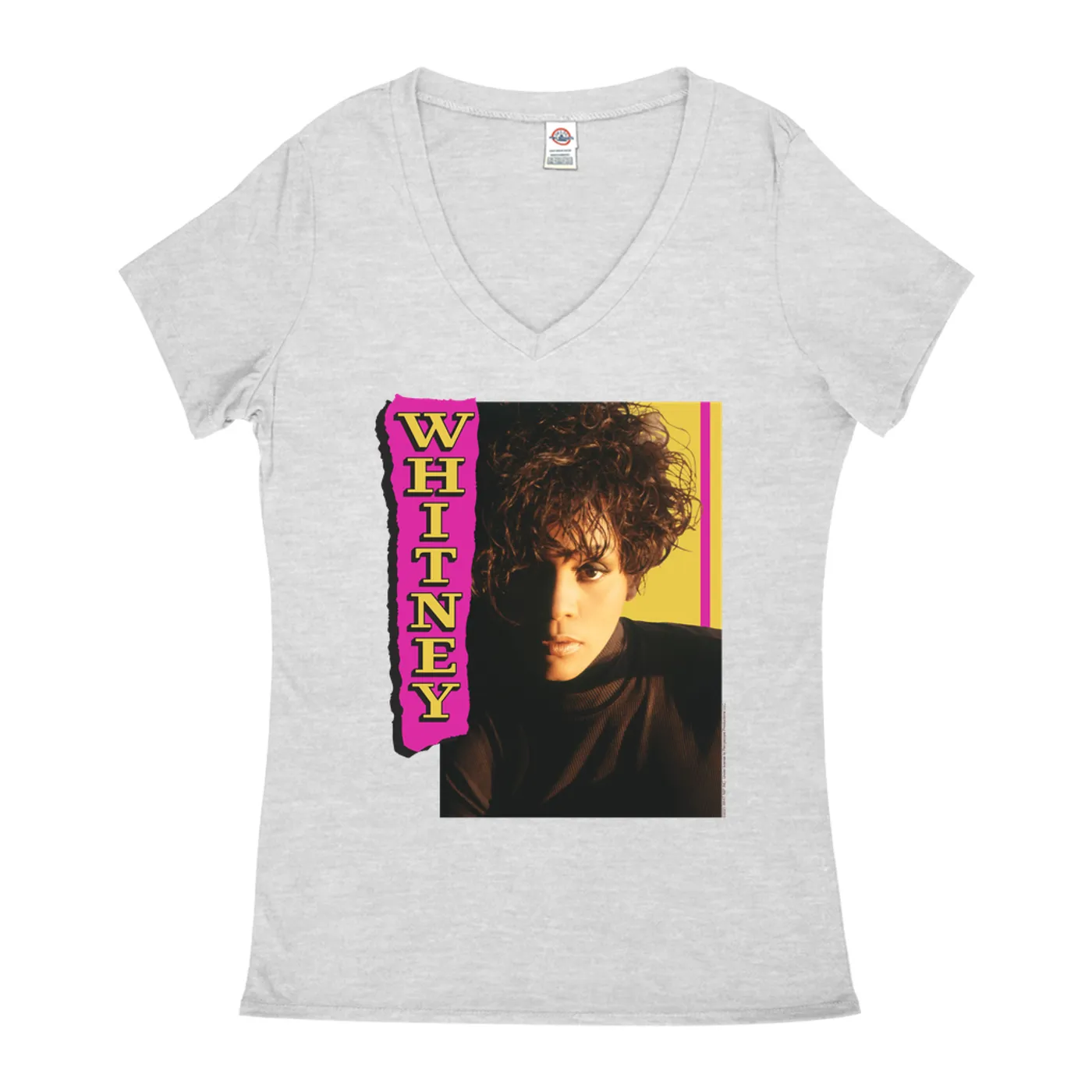 Whitney Houston Ladies' V-neck T-Shirt | Whitney Pink And Yellow Image Whitney Houston Shirt