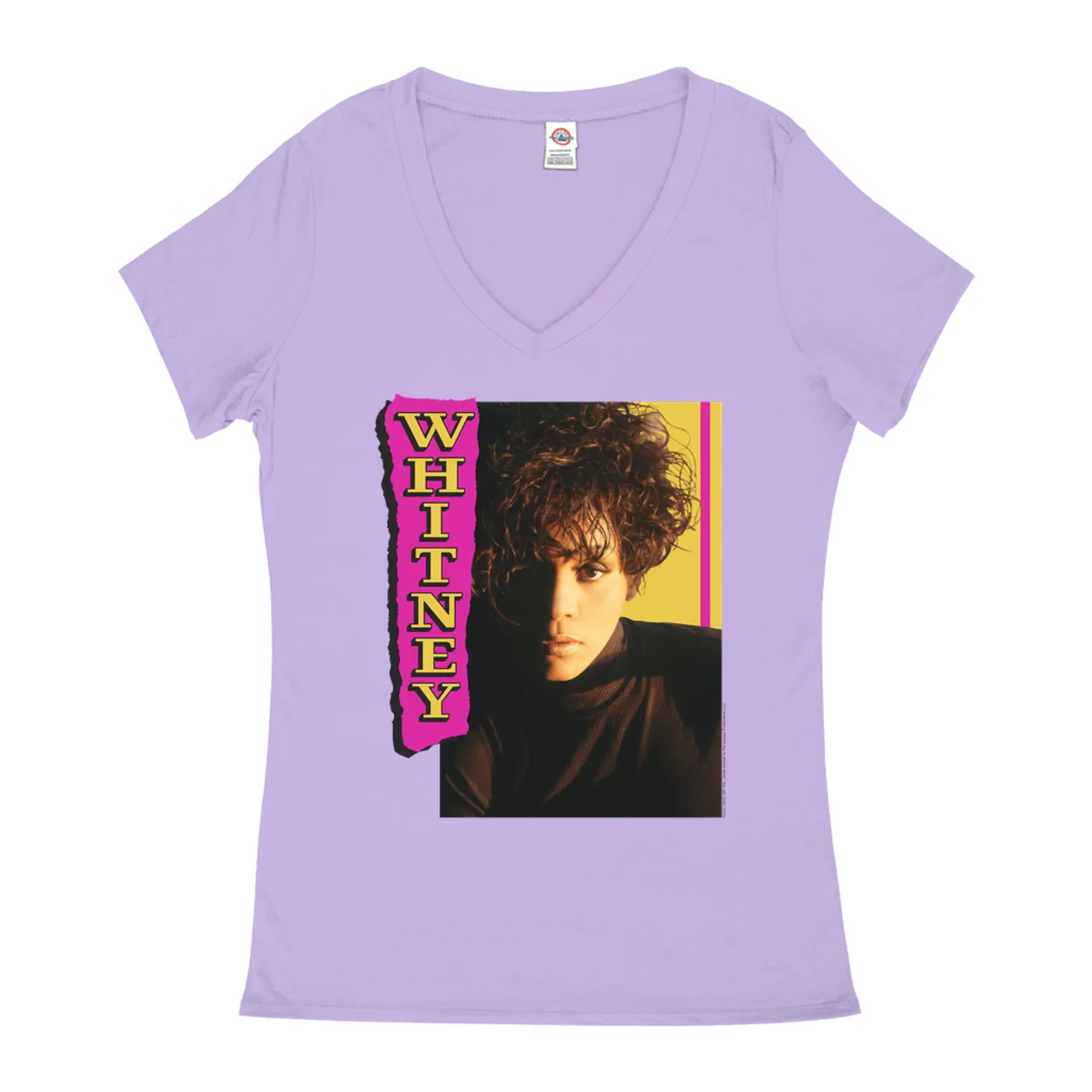 Whitney Houston Ladies' V-neck T-Shirt | Whitney Pink And Yellow Image Whitney Houston Shirt