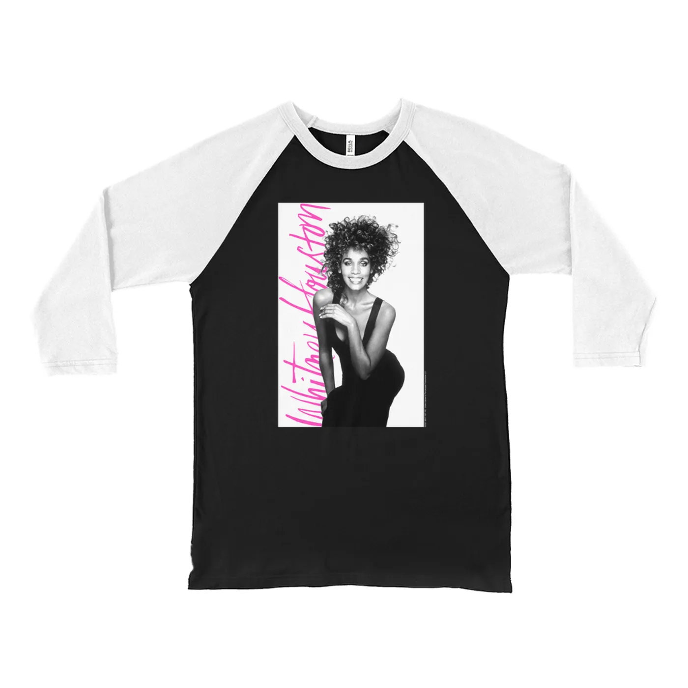Whitney Houston 3/4 Sleeve Baseball Tee | Album Photo With Hot Pink Signature Image Whitney Houston Shirt