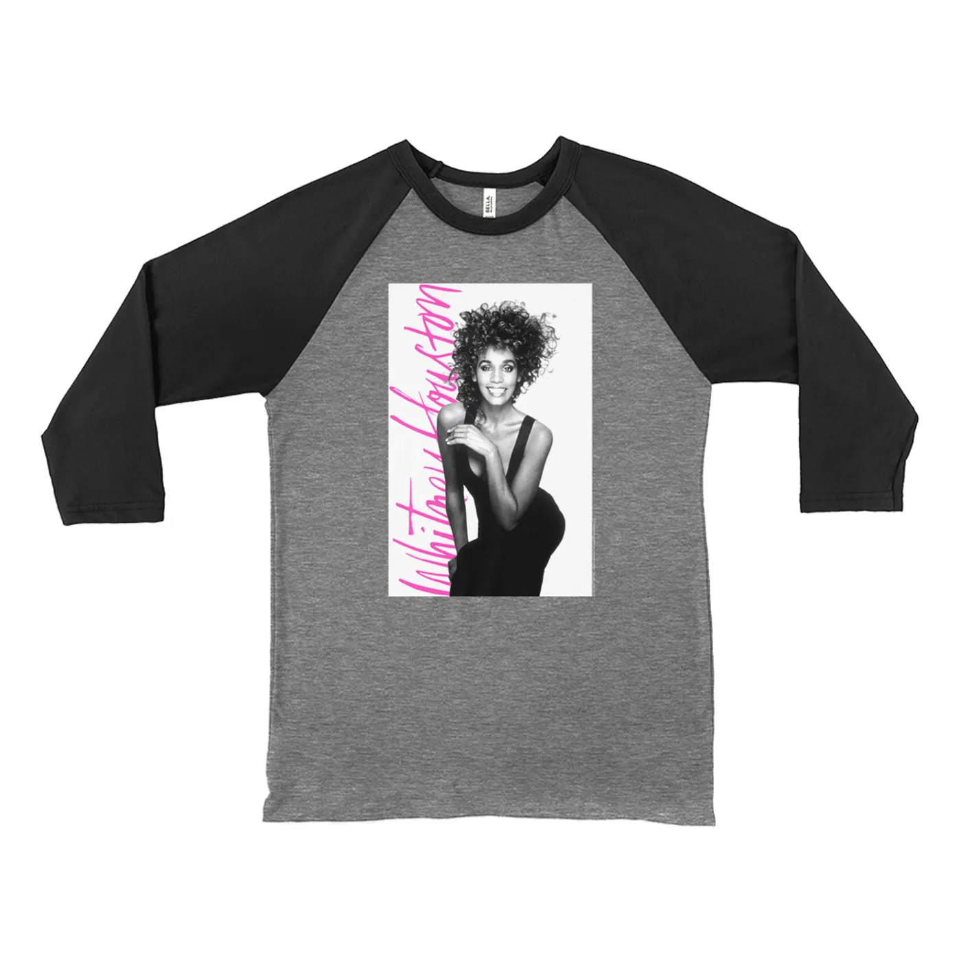 Whitney Houston 3/4 Sleeve Baseball Tee | Album Photo With Hot Pink Signature Image Whitney Houston Shirt