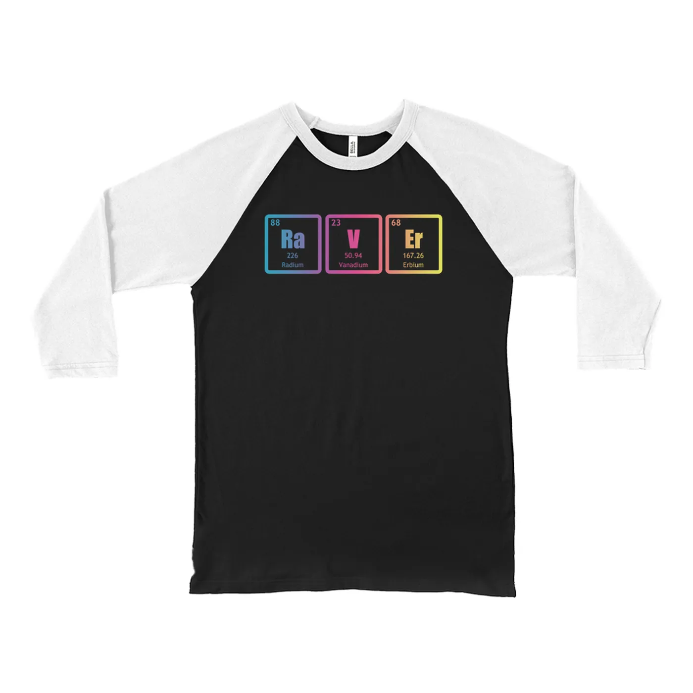 Merchbar Music Life 3/4 Sleeve Baseball Tee | Raver Periodic Table Ombre Design Merchbar Music Life Shirt