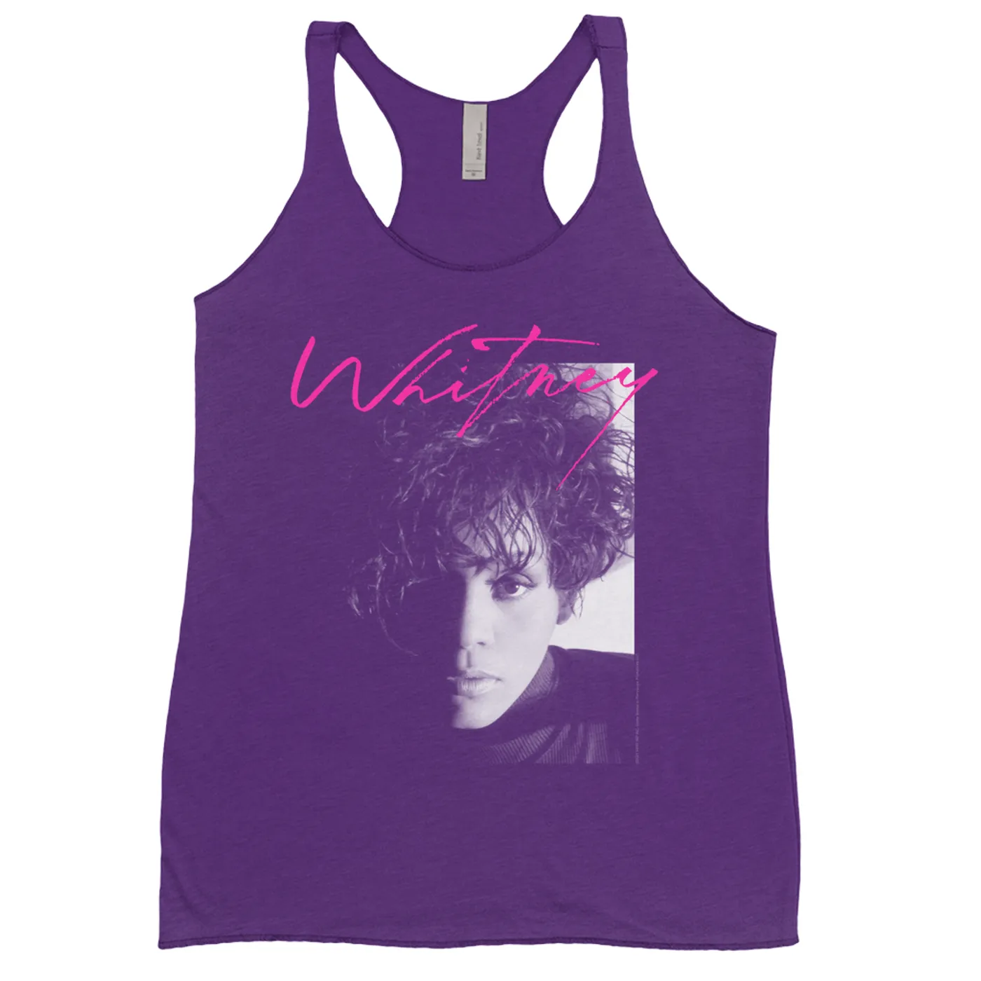 Whitney Houston Bold Colored Racerback Tank | Dramatic Lighting Photo And Pink Signature Image Whitney Houston Shirt