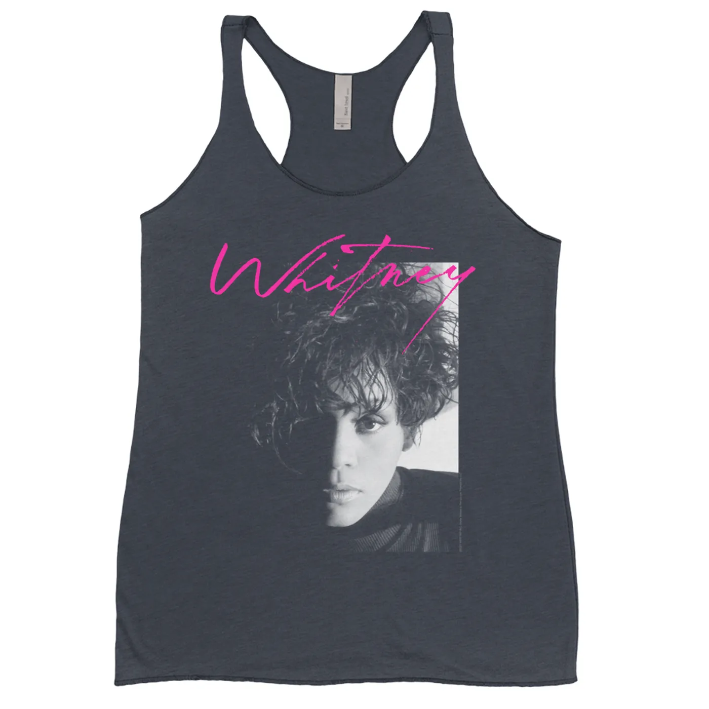 Whitney Houston Bold Colored Racerback Tank | Dramatic Lighting Photo And Pink Signature Image Whitney Houston Shirt
