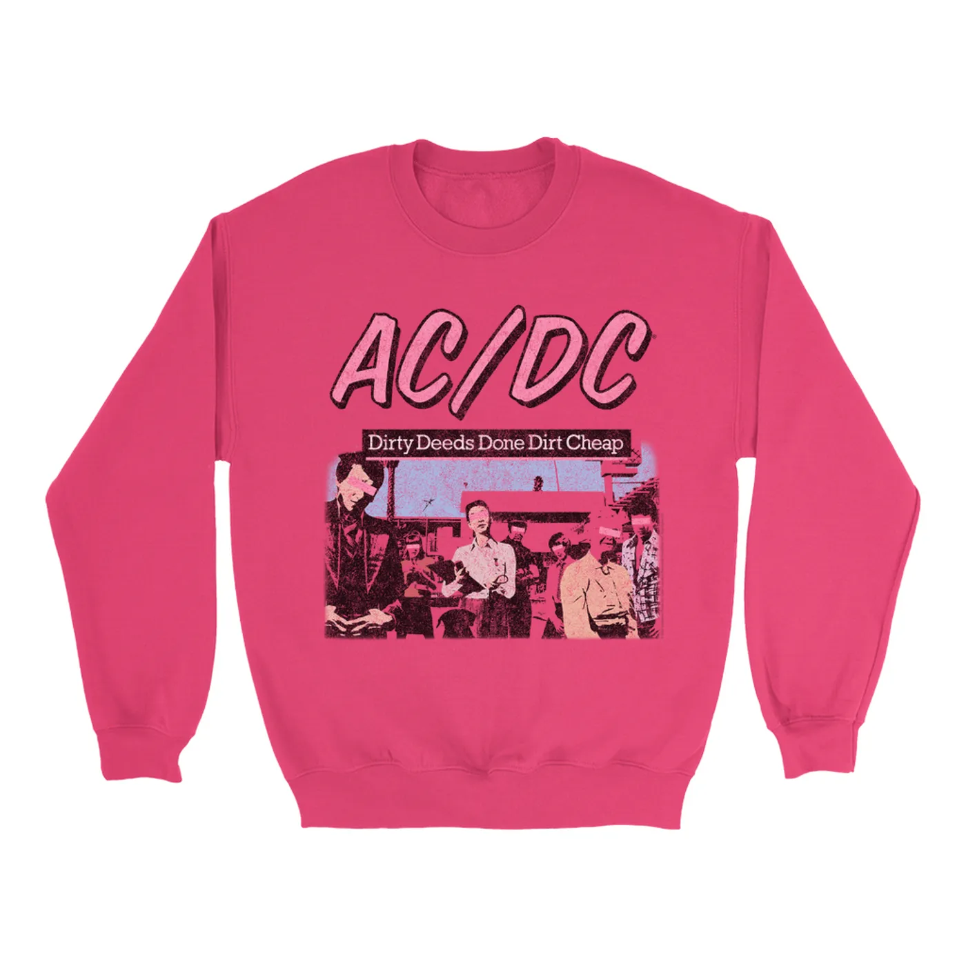 AC/DC Bright Colored Sweatshirt | Dirty Deeds Done Dirt Cheap Pink Design Distressed ACDC Sweatshirt