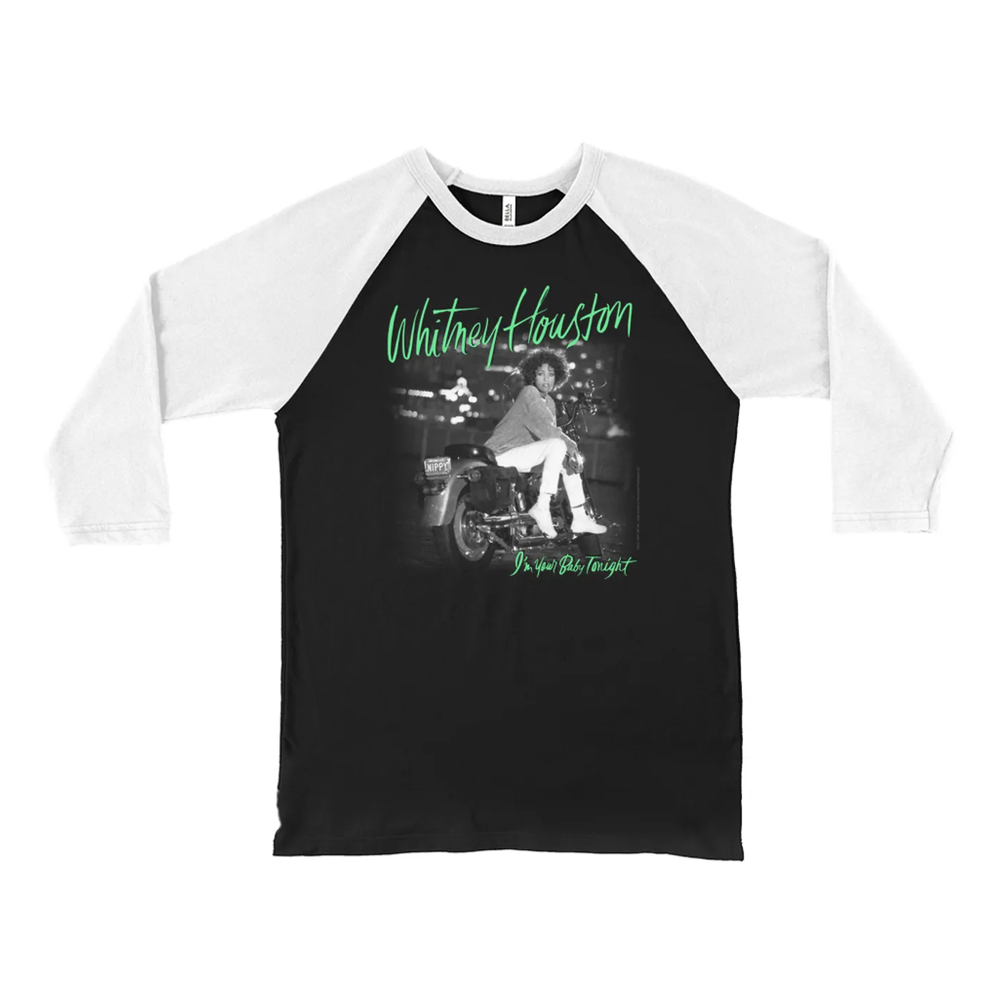 Whitney Houston 3/4 Sleeve Baseball Tee | I'm Your Baby Tonight Album Cover Green Design Whitney Houston Shirt